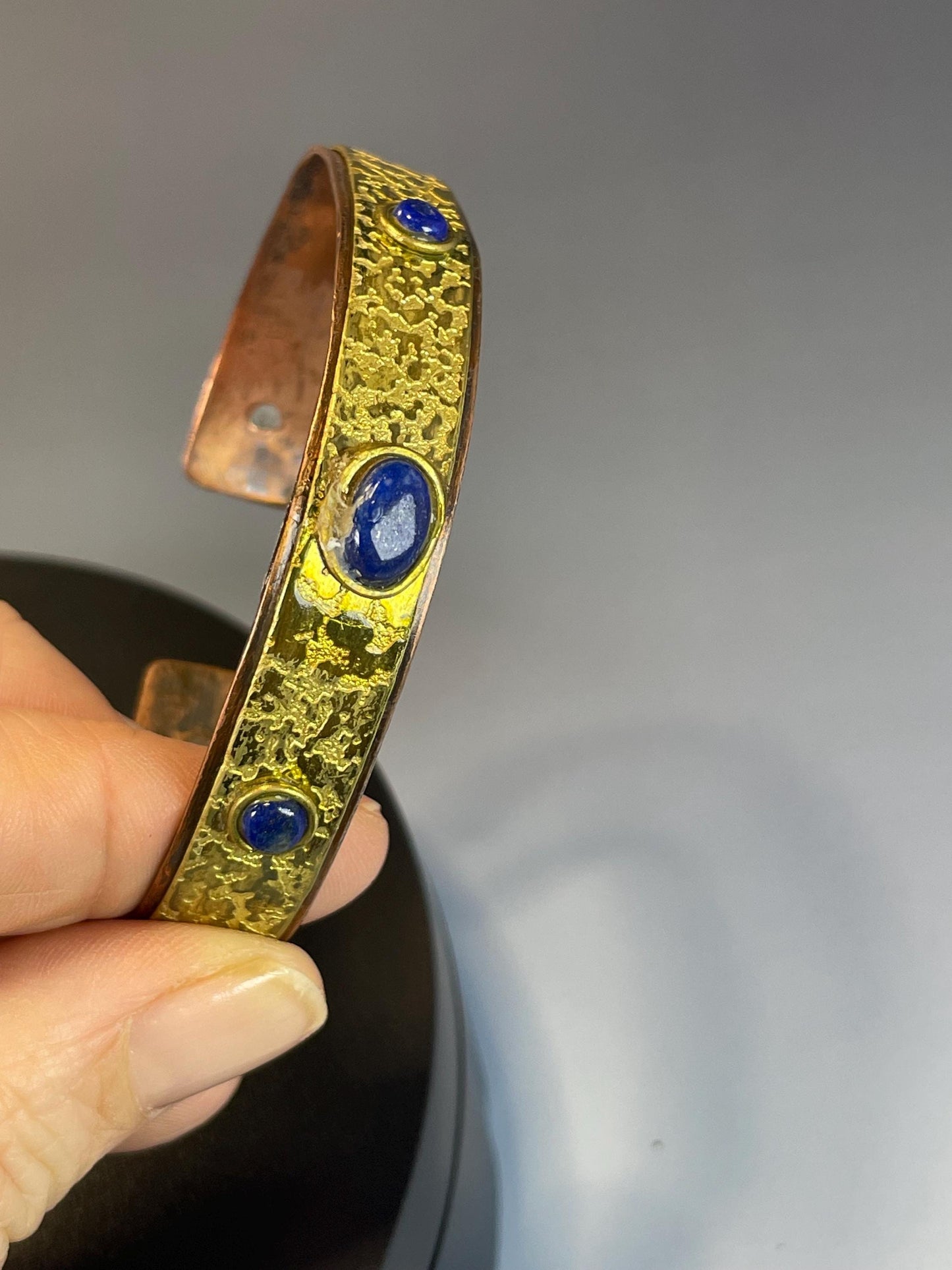 Bold Gilded Copper Cuff Bracelet with Lovely Blue Stones  2.5 Wide