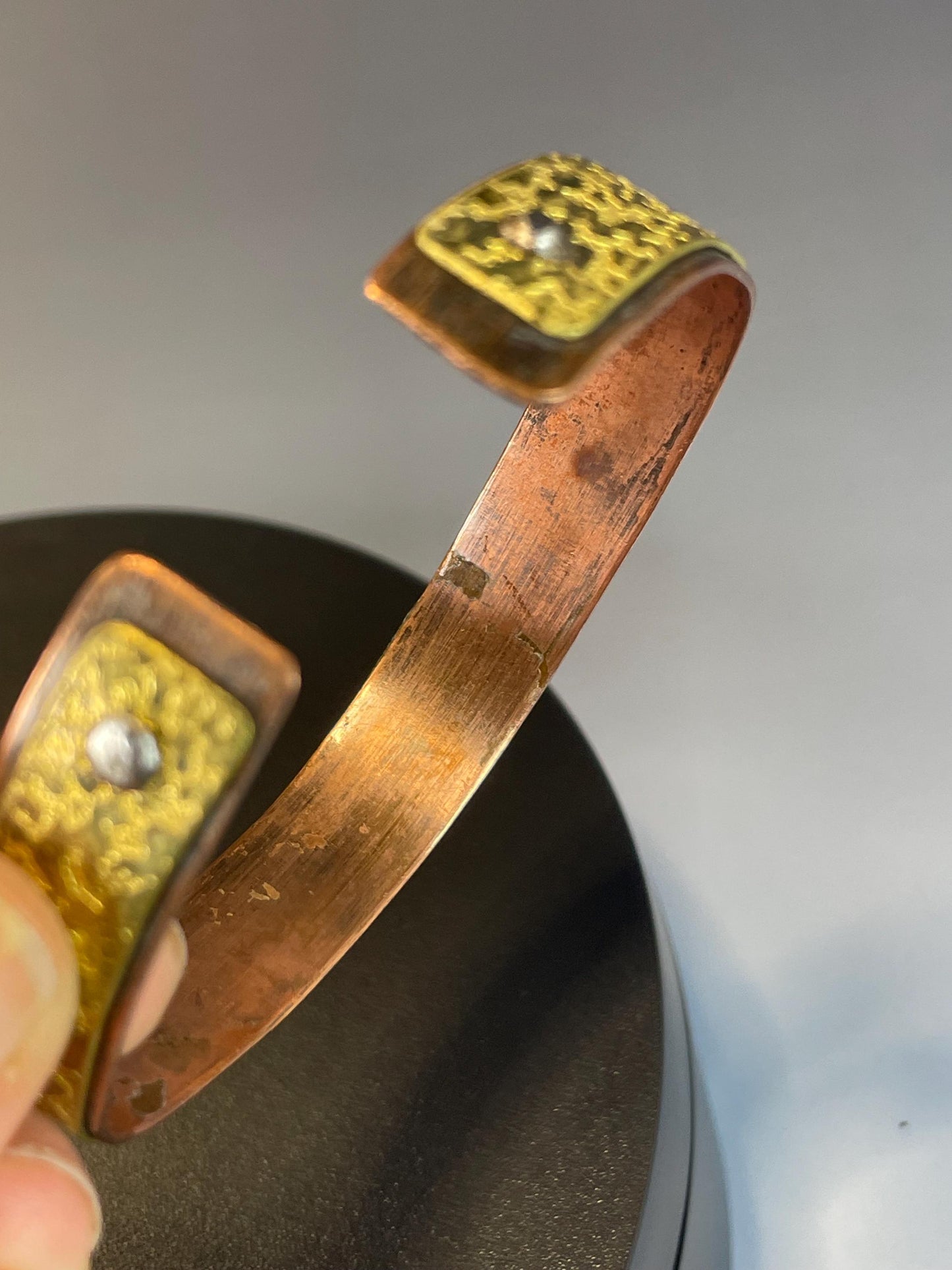 Bold Gilded Copper Cuff Bracelet with Lovely Blue Stones  2.5 Wide