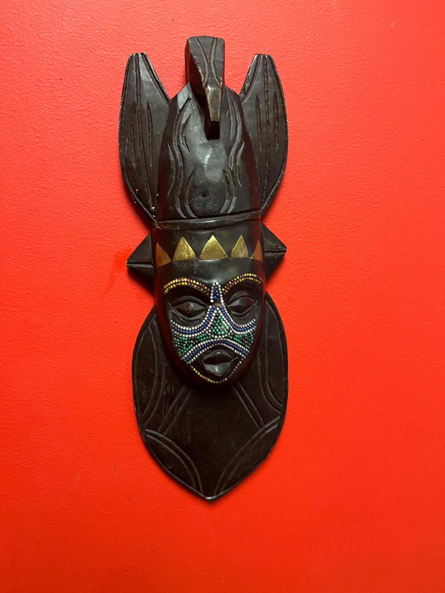 Beautiful African Ghana mask  17 inches long with couple beads missing  beautiful imagery- great value
