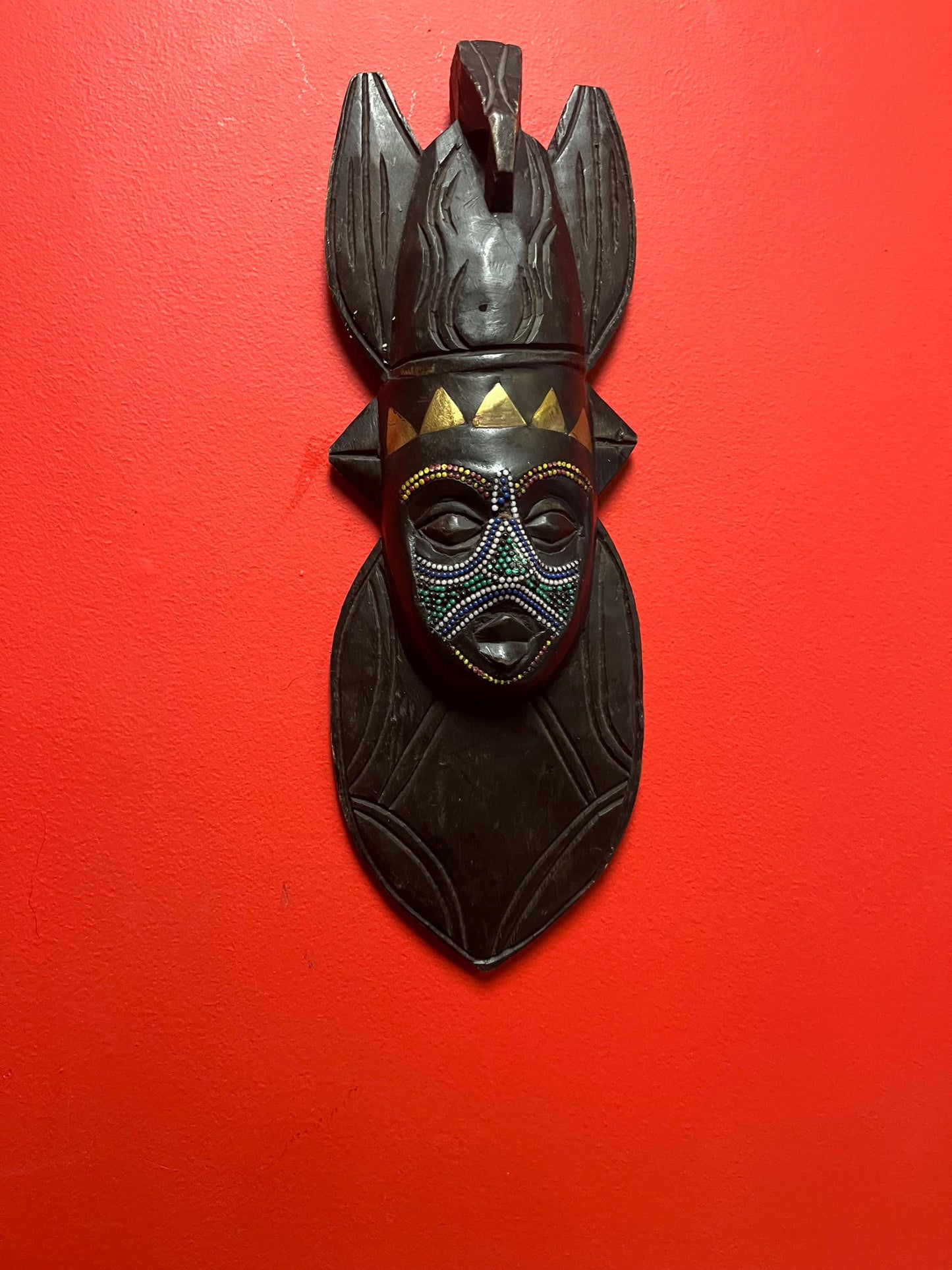 Beautiful African Ghana mask  17 inches long with couple beads missing  beautiful imagery- great value