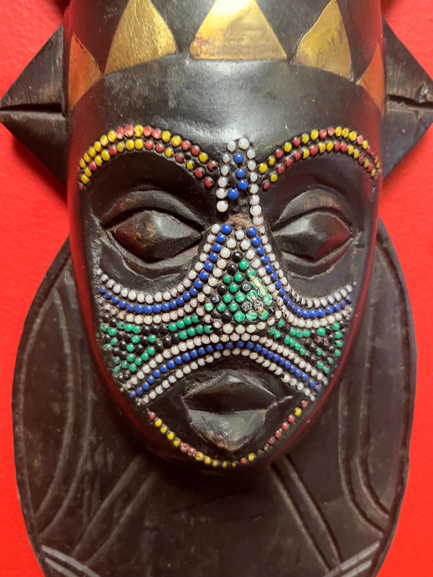 Beautiful African Ghana mask  17 inches long with couple beads missing  beautiful imagery- great value