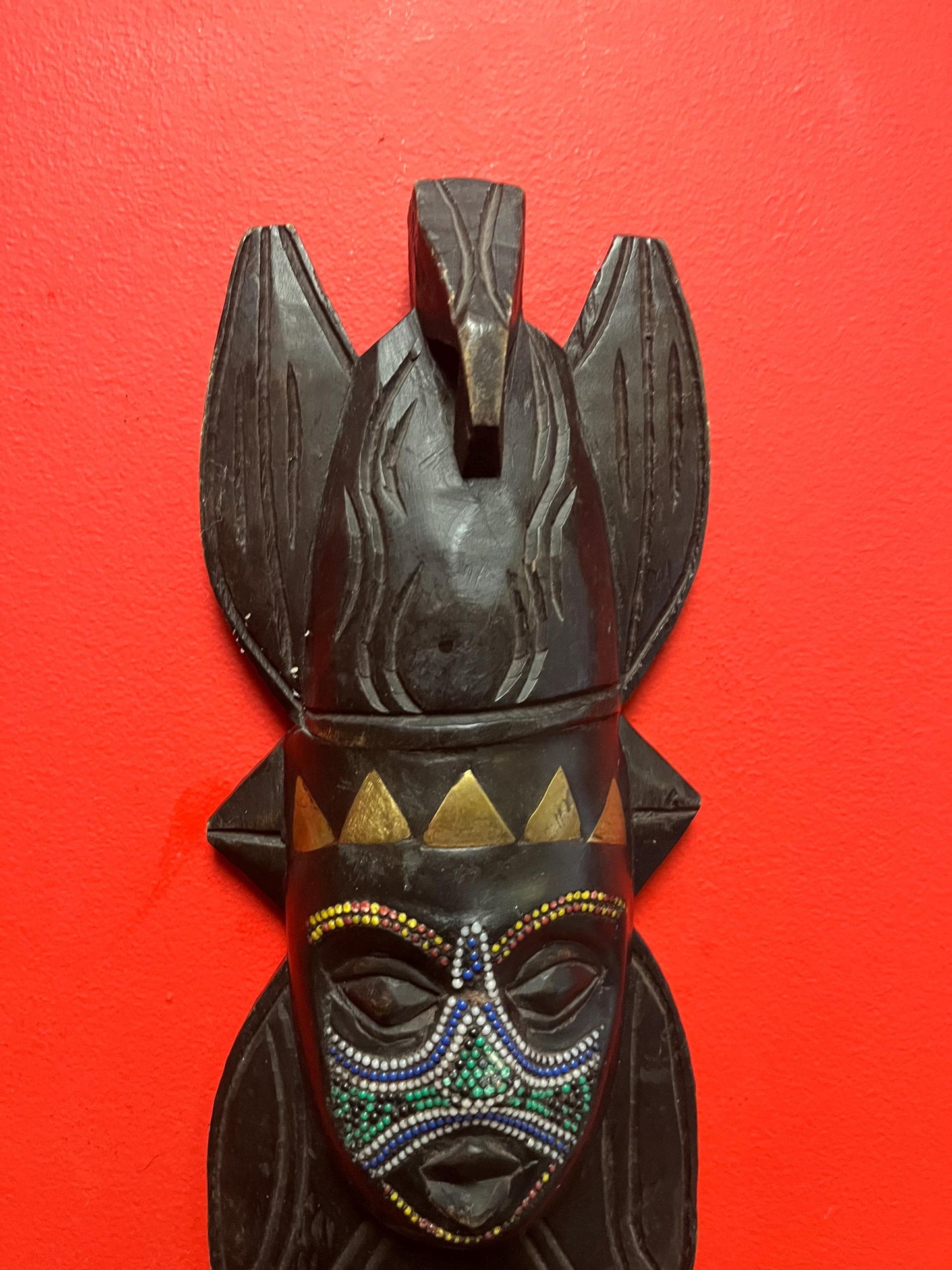 Beautiful African Ghana mask  17 inches long with couple beads missing  beautiful imagery- great value