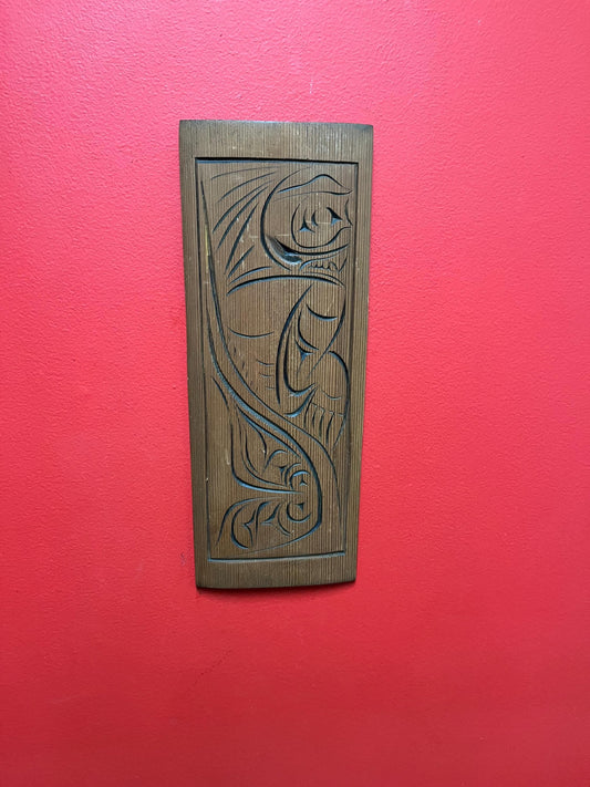 15 x 6 indigenous First Nations  Pacific Northwest coast wild man cedar plaque  signed and great imagery  good price  Canadian art