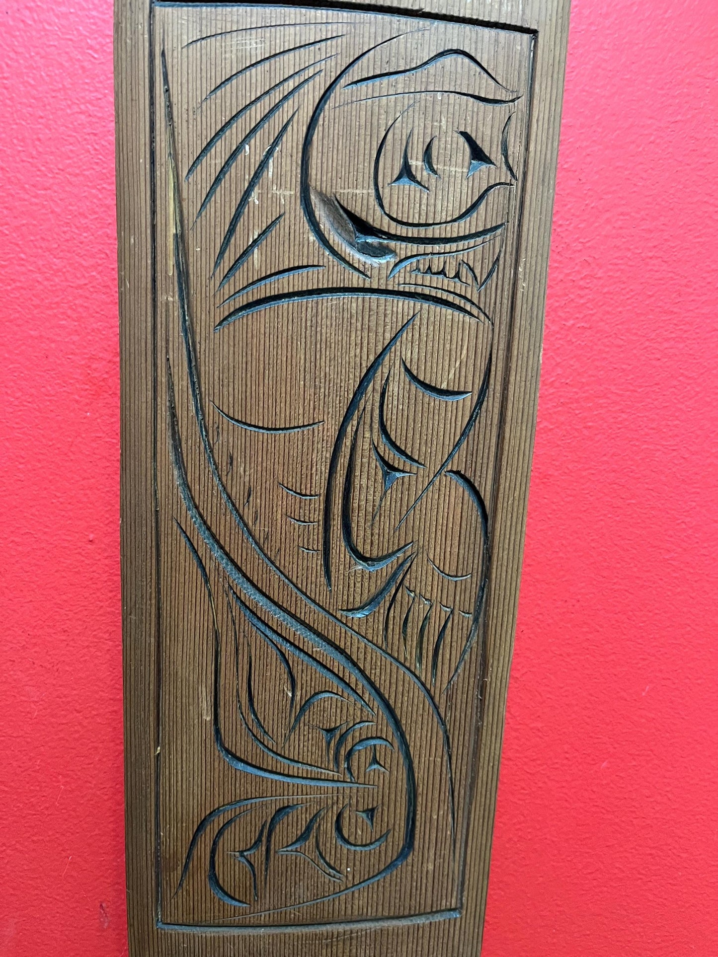 15 x 6 indigenous First Nations  Pacific Northwest coast wild man cedar plaque  signed and great imagery  good price  Canadian art