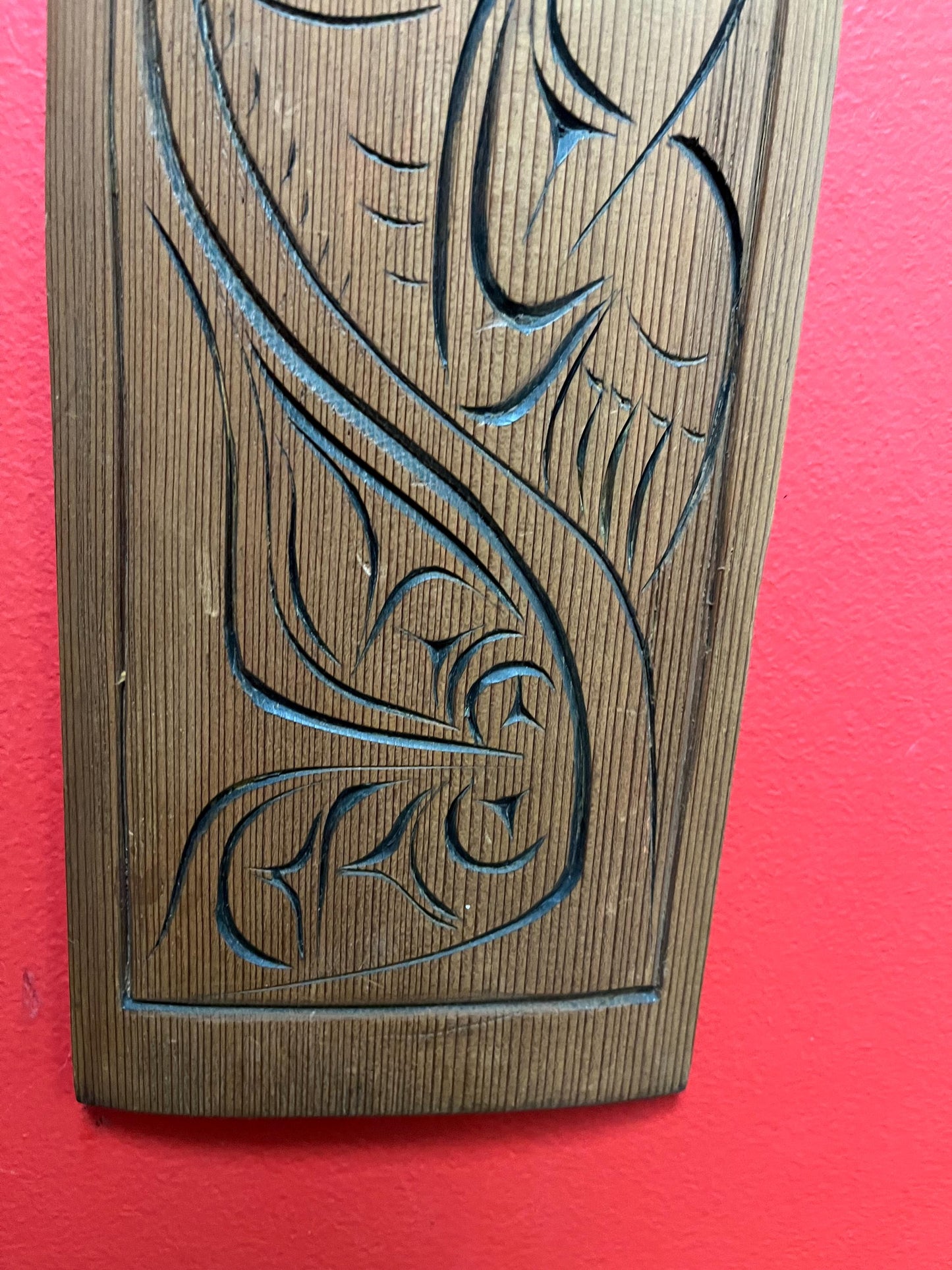 15 x 6 indigenous First Nations  Pacific Northwest coast wild man cedar plaque  signed and great imagery  good price  Canadian art