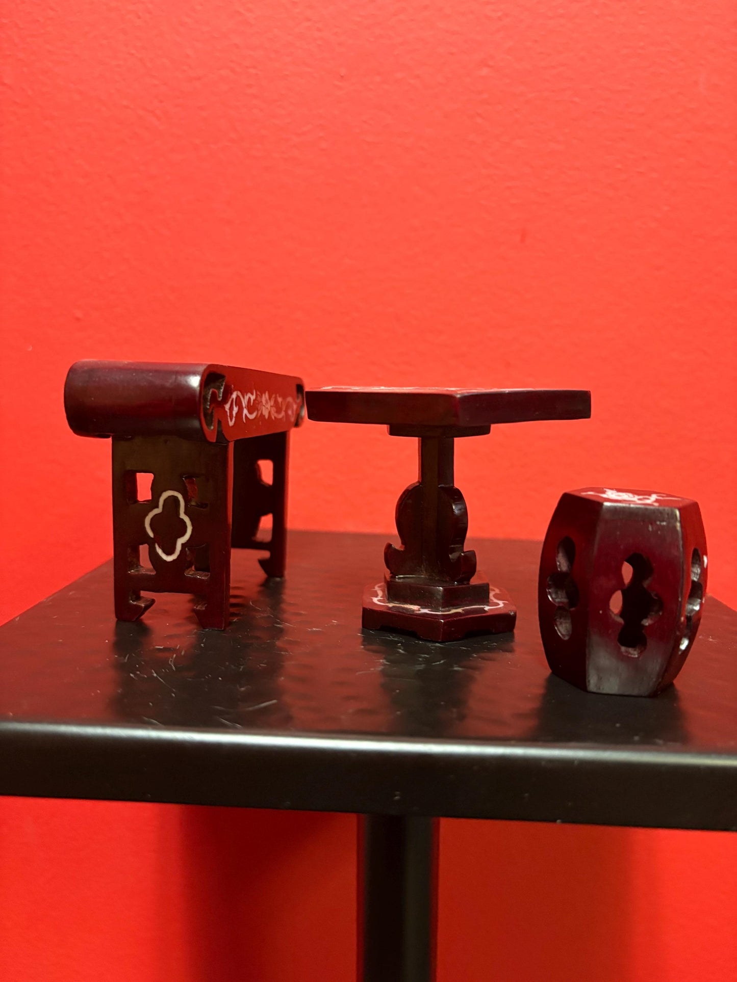 Antique Chinese Rosewood dollhouse dining furniture with mother of Pearl inlay  wow