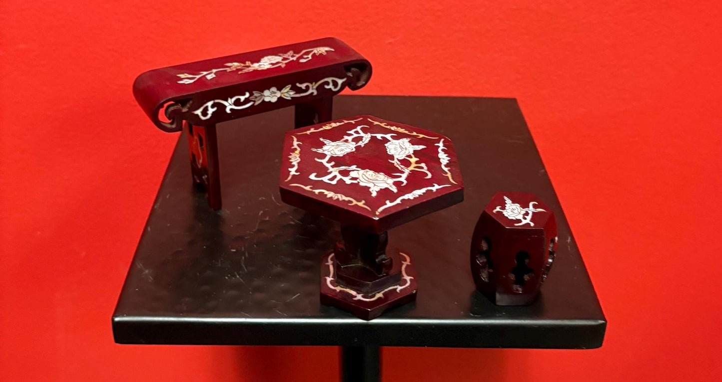 Antique Chinese Rosewood dollhouse dining furniture with mother of Pearl inlay  wow