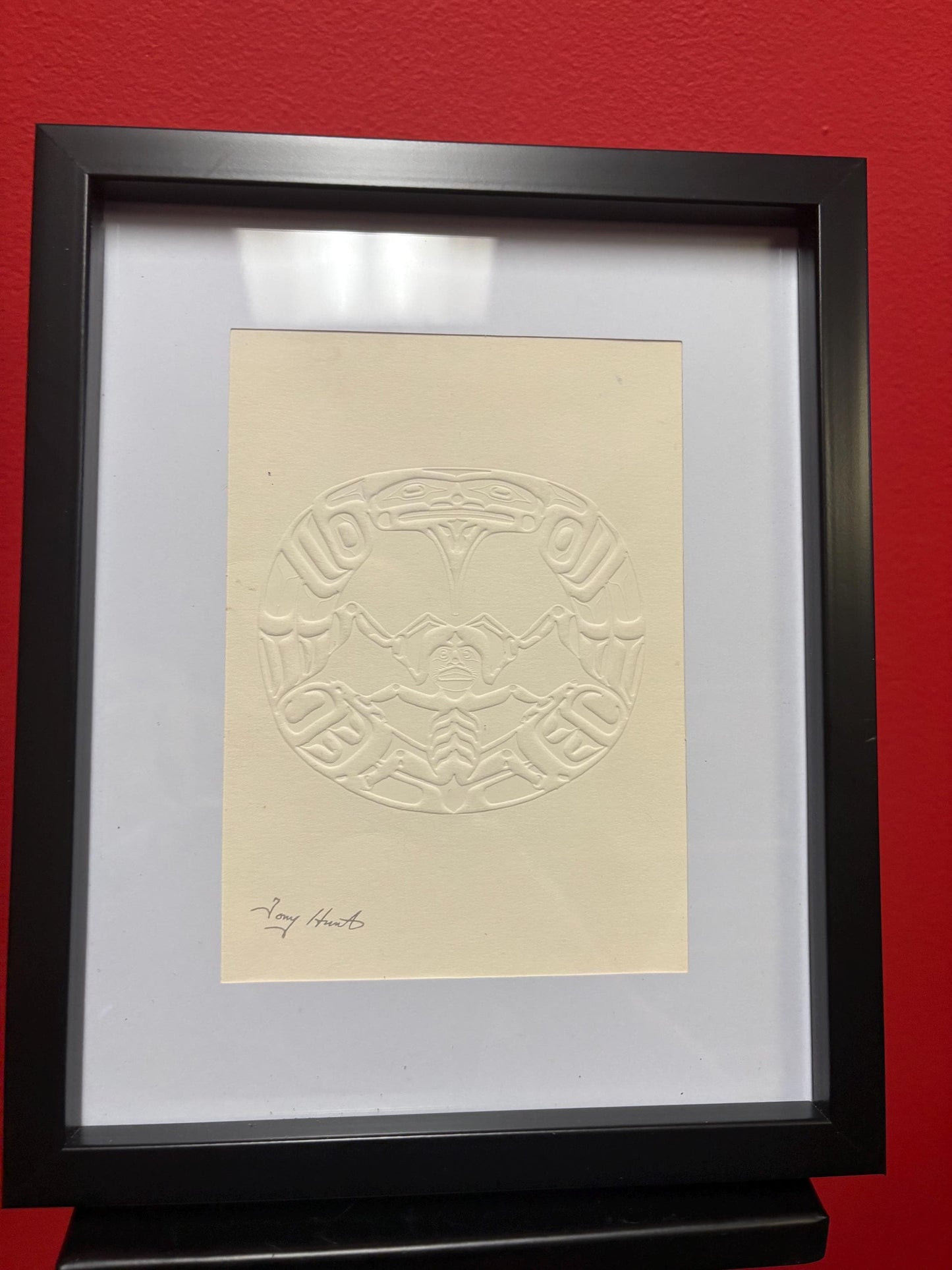 Signed Tony Hunt print card in frame  indigenous first nations  5 x 7 inch card in 11 x 9 frame  great look
