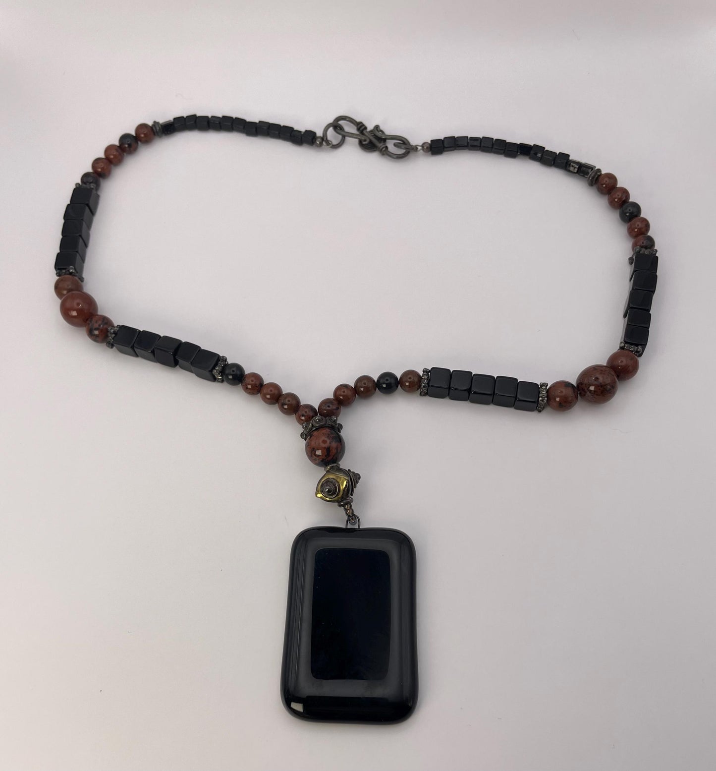 Beaded Necklace with Black Resin Pendant