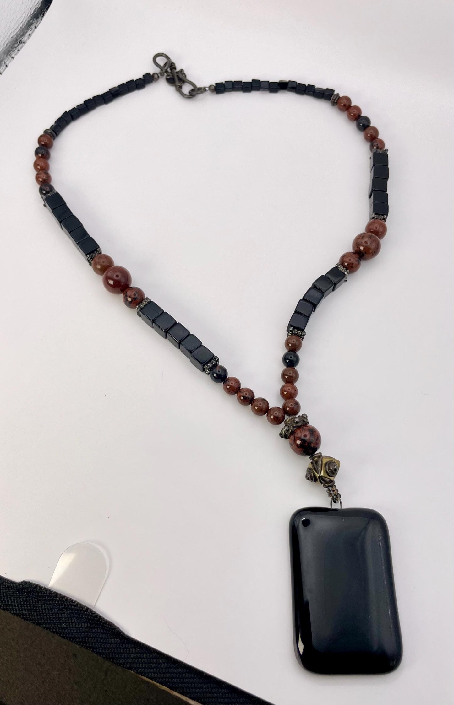 Beaded Necklace with Black Resin Pendant