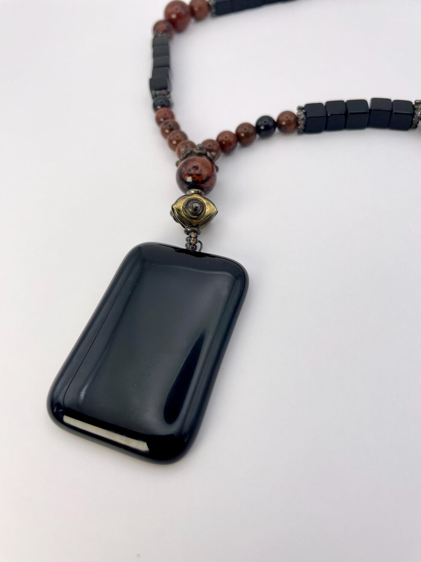 Beaded Necklace with Black Resin Pendant