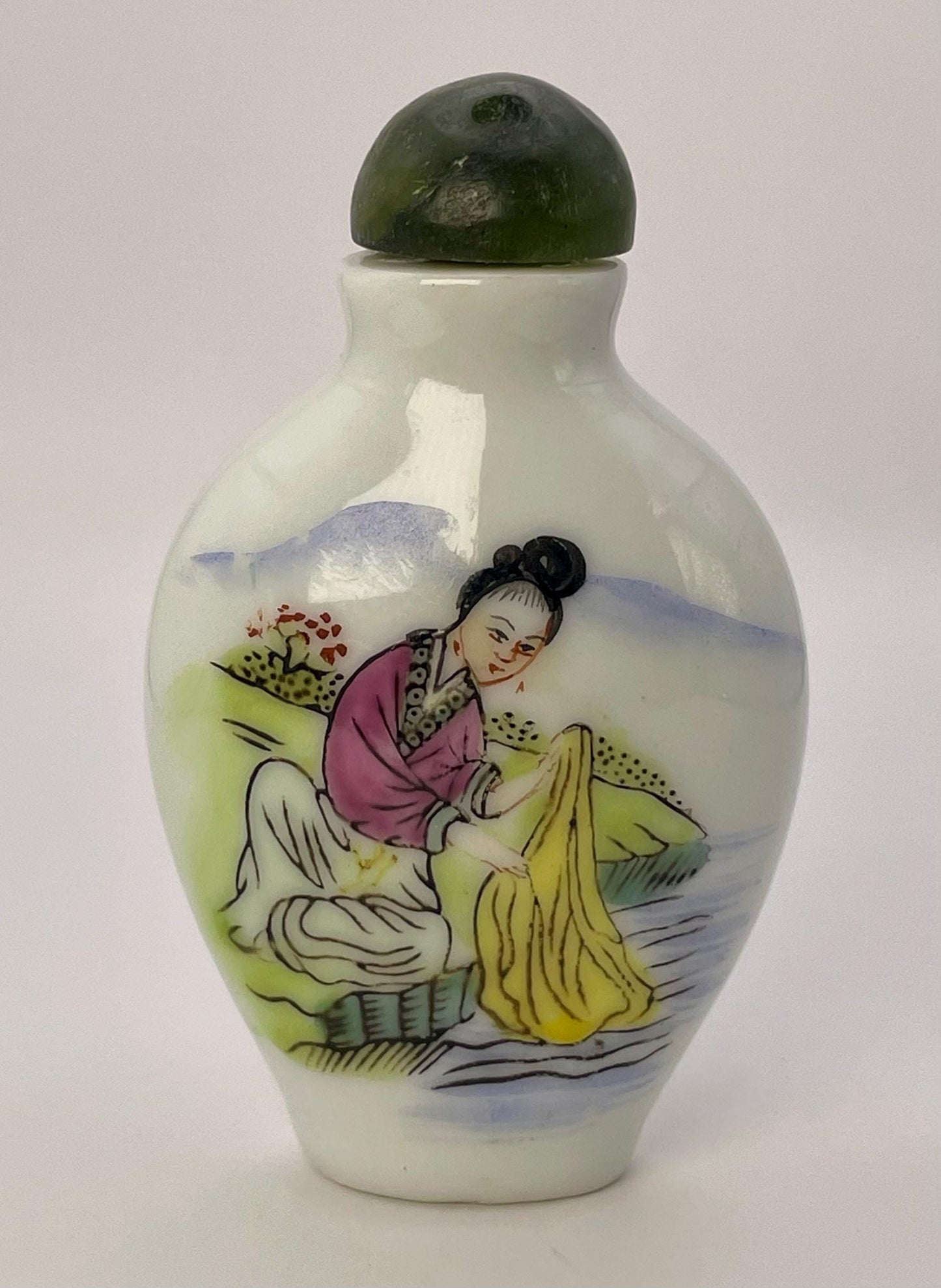 Chinese hand painted porcelain snuff bottle with jade top  Signed