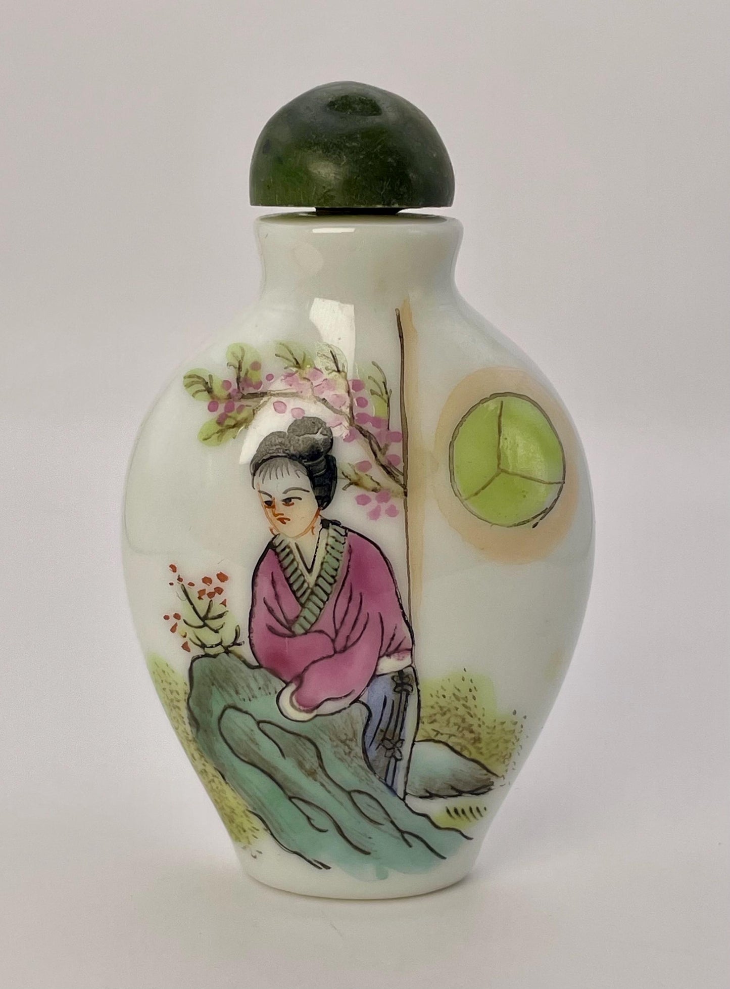 Chinese hand painted porcelain snuff bottle with jade top  Signed