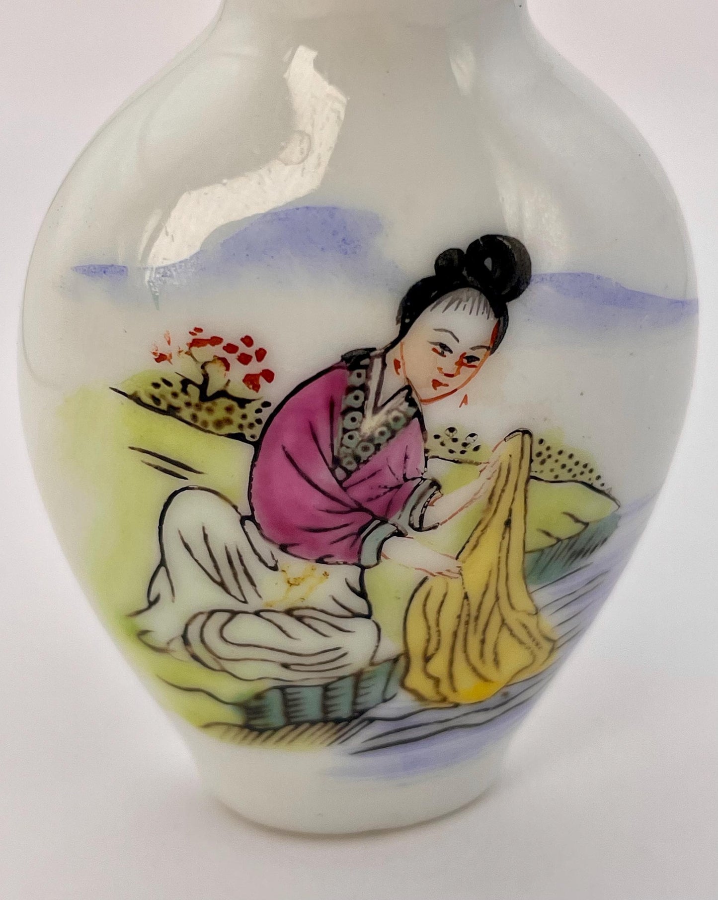 Chinese hand painted porcelain snuff bottle with jade top  Signed