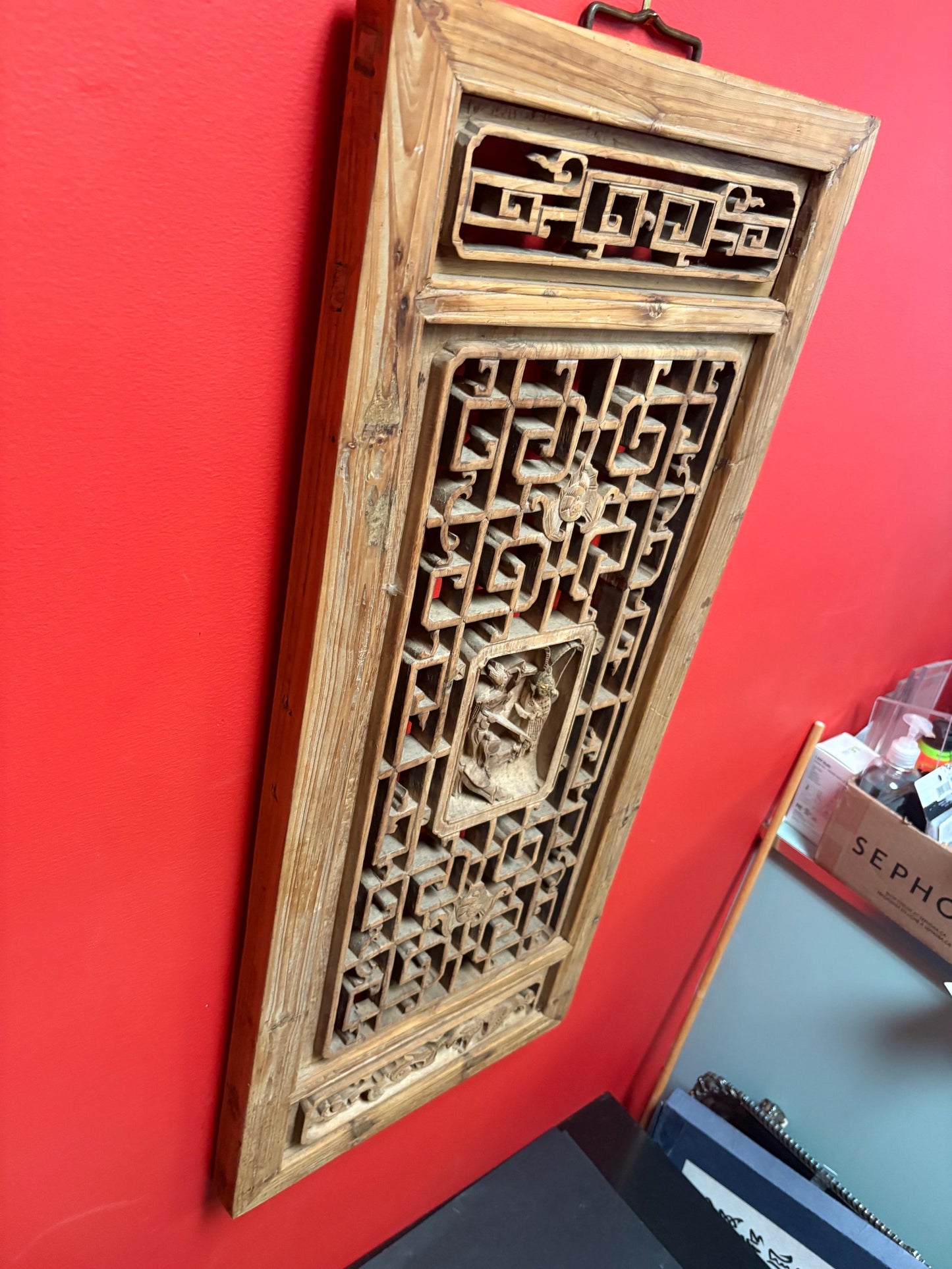 stunning antique Chinese hanging carved  plaque intricate detail and signed them back  34 x 15 x 1.5 thick   unreal Chinese art