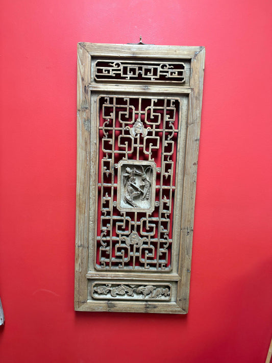 stunning antique Chinese hanging carved  plaque intricate detail and signed them back  34 x 15 x 1.5 thick   unreal Chinese art