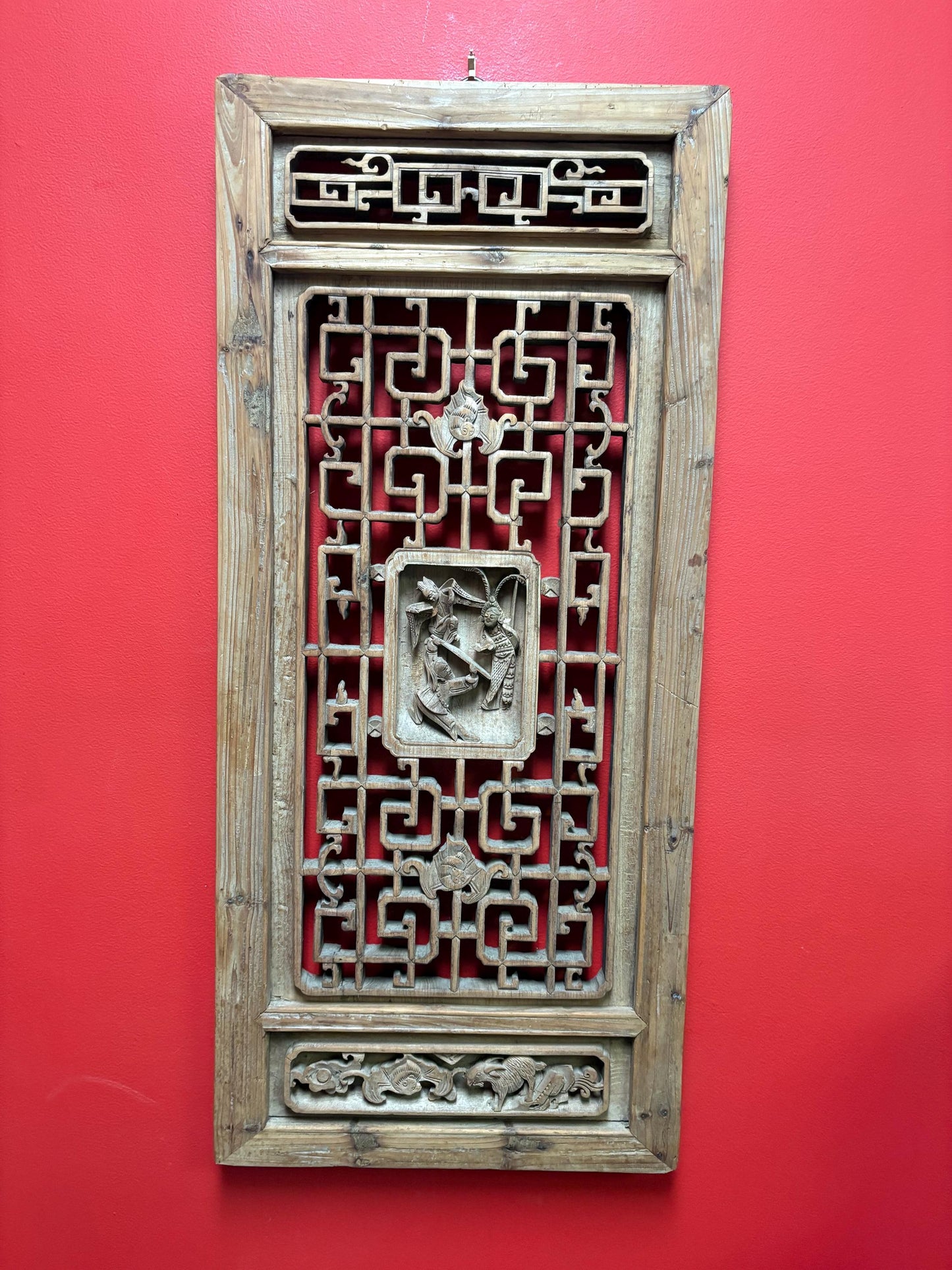stunning antique Chinese hanging carved  plaque intricate detail and signed them back  34 x 15 x 1.5 thick   unreal Chinese art