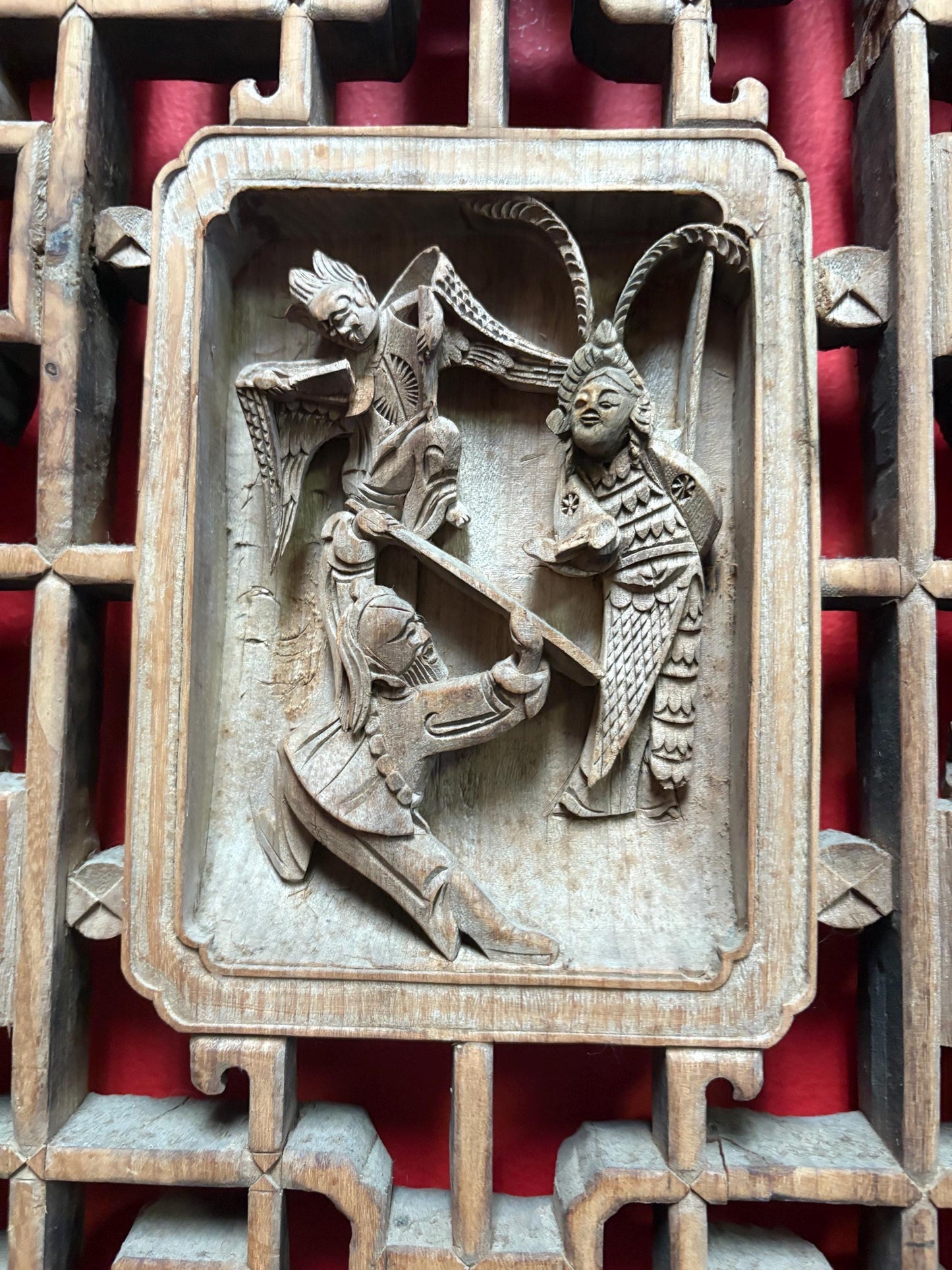 stunning antique Chinese hanging carved  plaque intricate detail and signed them back  34 x 15 x 1.5 thick   unreal Chinese art