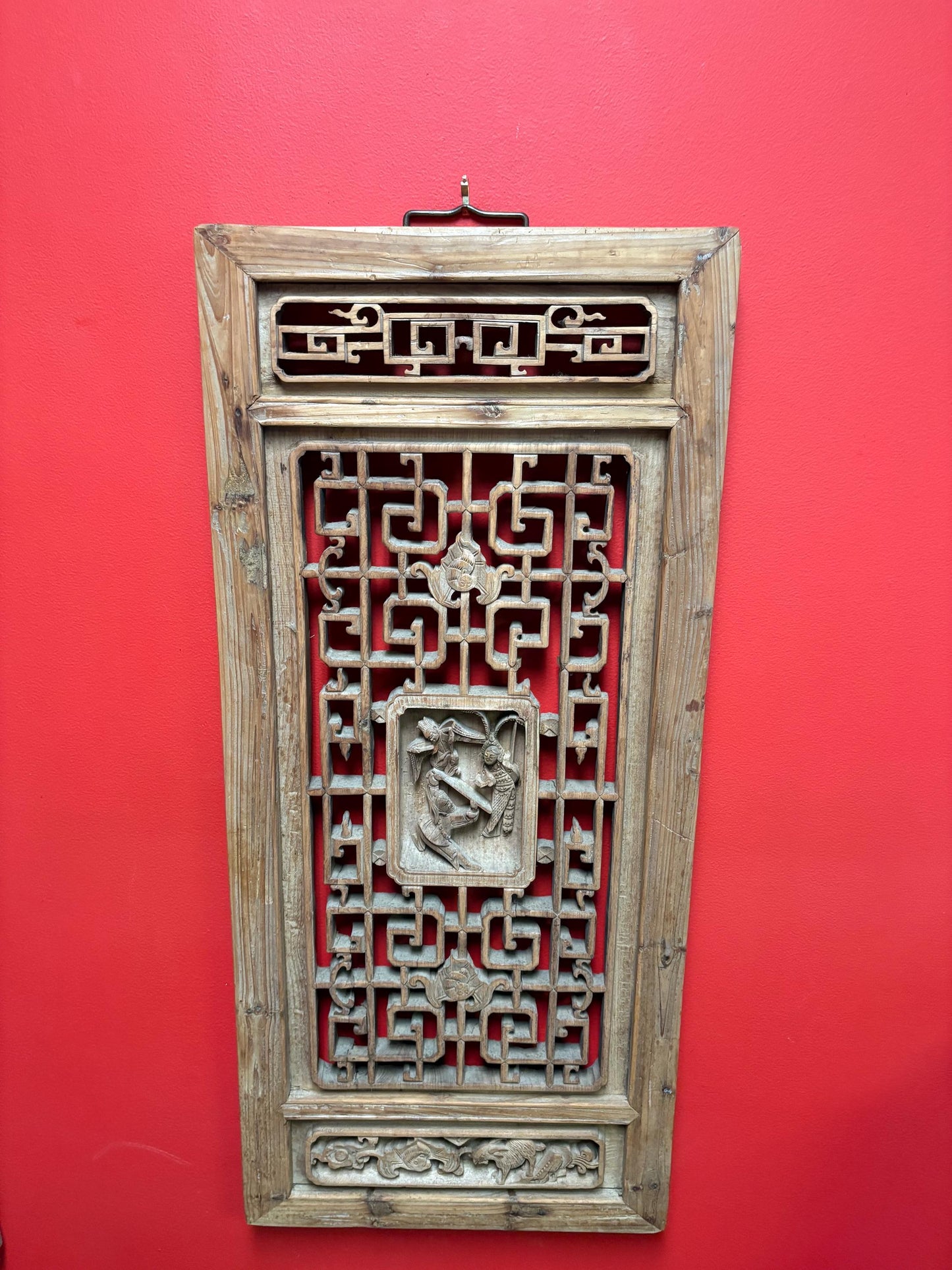 stunning antique Chinese hanging carved  plaque intricate detail and signed them back  34 x 15 x 1.5 thick   unreal Chinese art