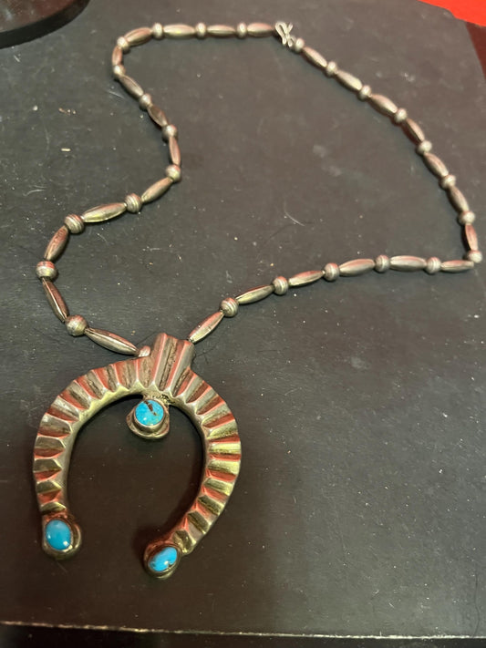 Stunning authentic antique sterling and turquoise Navajo squash blossom pendant with necklace - necklace 22 inches approx and pendant 2.5