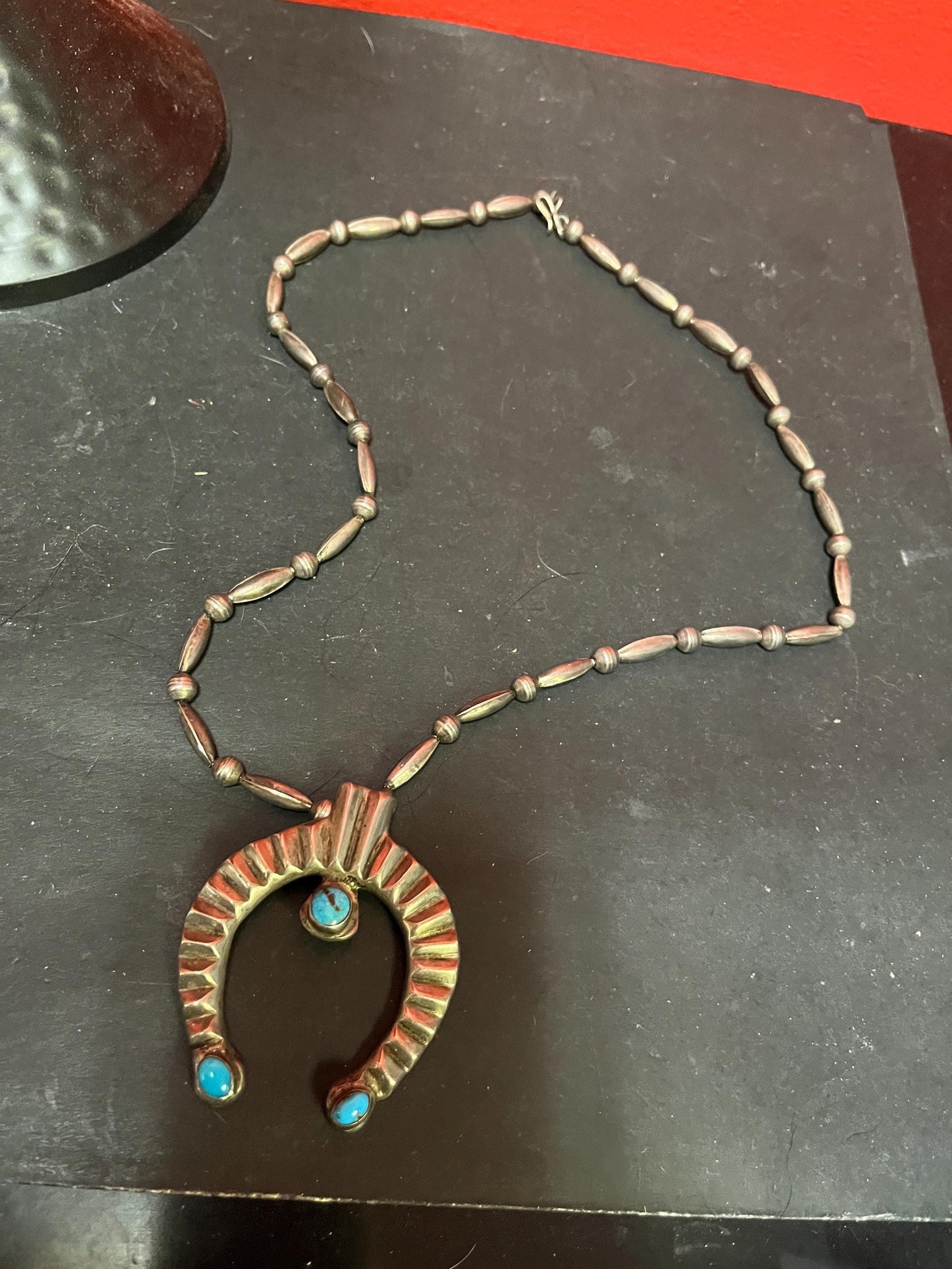 Stunning authentic antique sterling and turquoise Navajo squash blossom pendant with necklace - necklace 22 inches approx and pendant 2.5