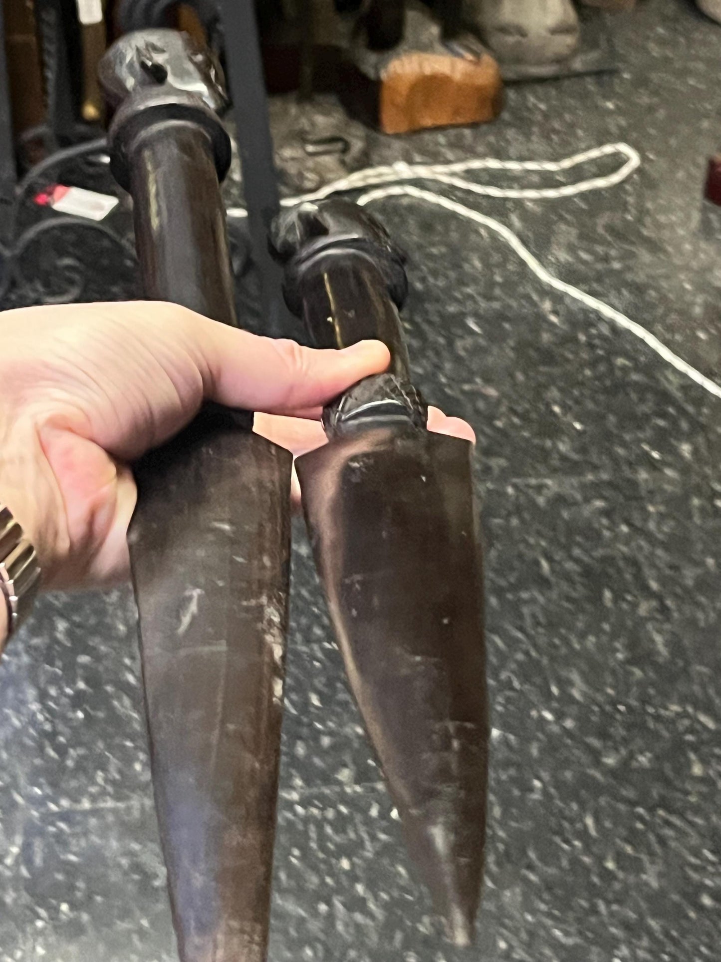 Stunning African Tanzania ebony wood 24 inch dancing Spears 1960s incredible detail and quality  his and hers