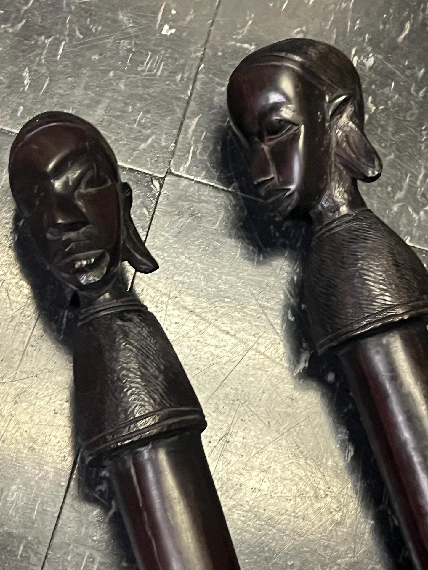 Stunning African Tanzania ebony wood 24 inch dancing Spears 1960s incredible detail and quality  his and hers