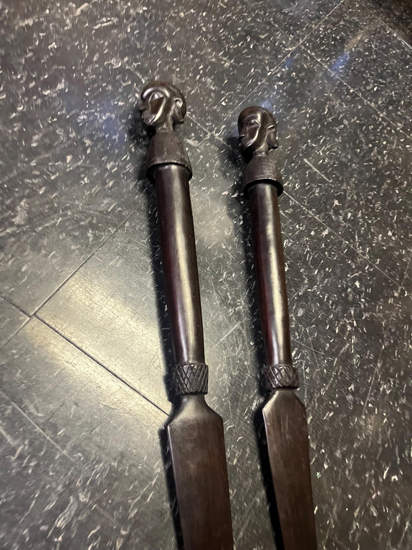 Stunning African Tanzania ebony wood 24 inch dancing Spears 1960s incredible detail and quality  his and hers