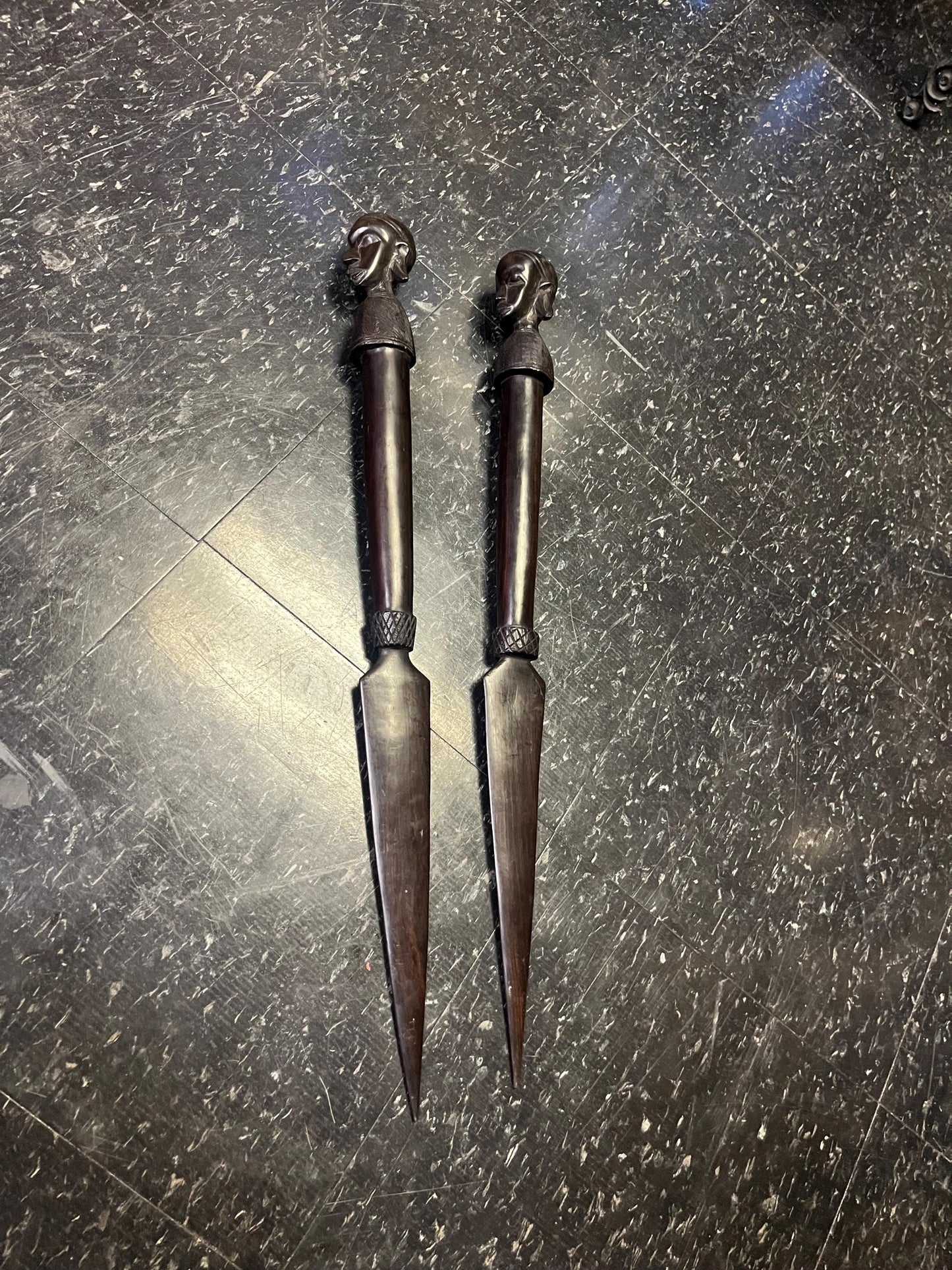 Stunning African Tanzania ebony wood 24 inch dancing Spears 1960s incredible detail and quality  his and hers