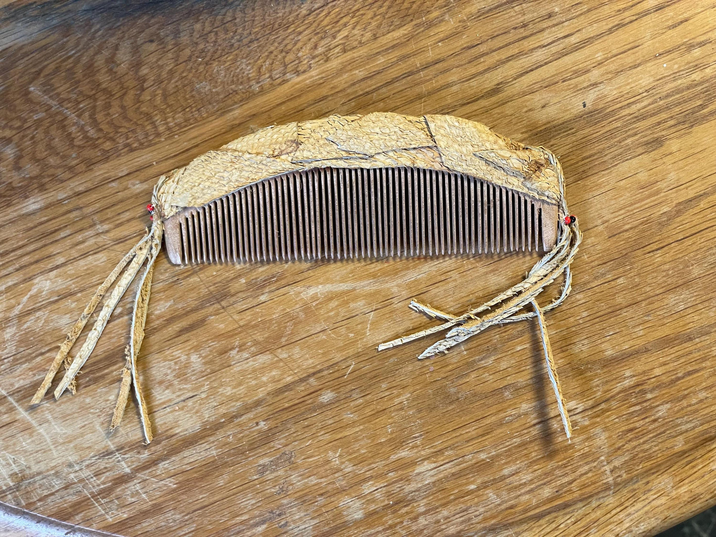 Native Beaded and Leather Covered Wooden Comb