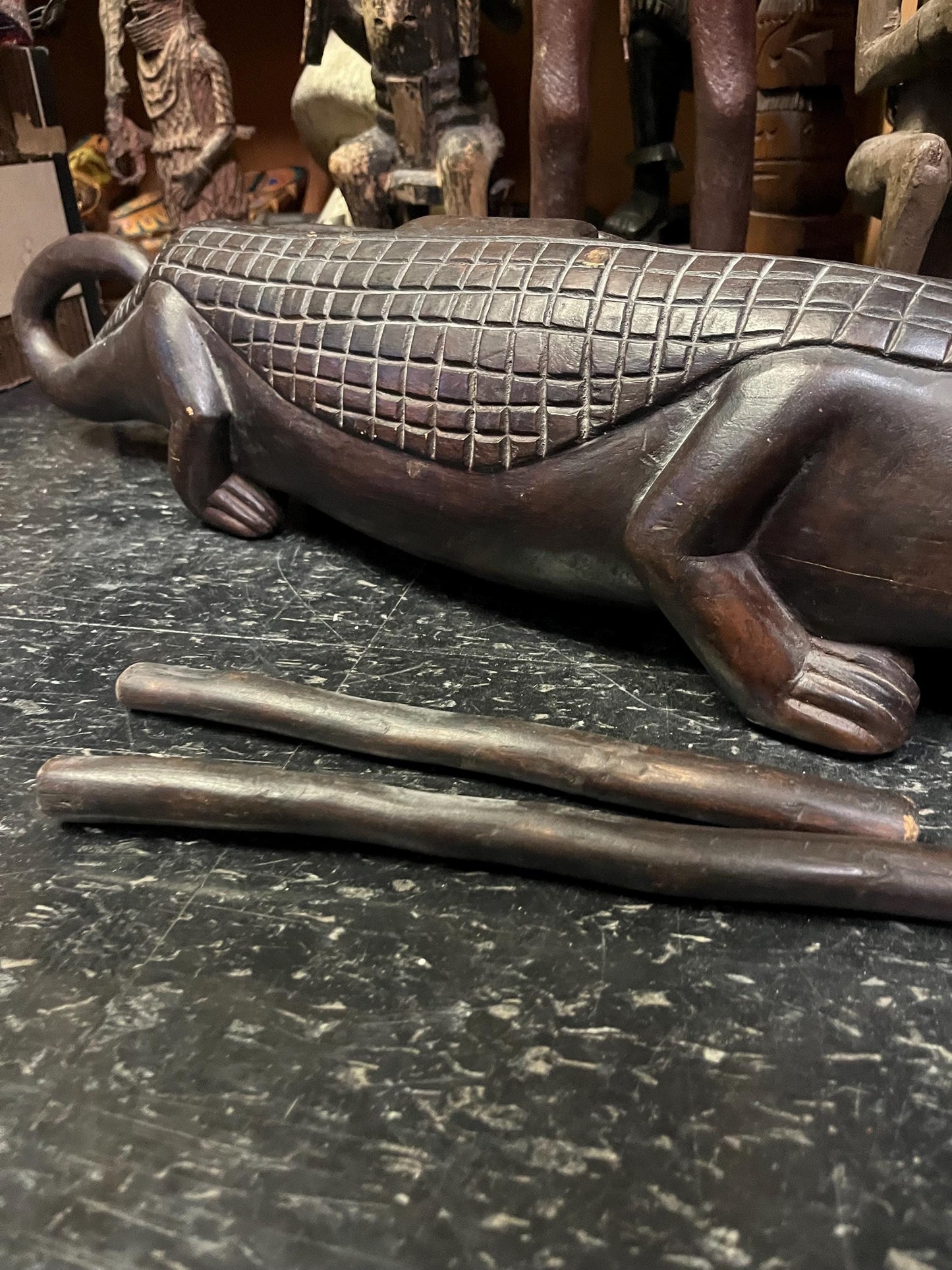 Fabulous 31 inch long antique oceanic musical instrument in the shape of an alligator  great detail and amazing sound  oceanic history