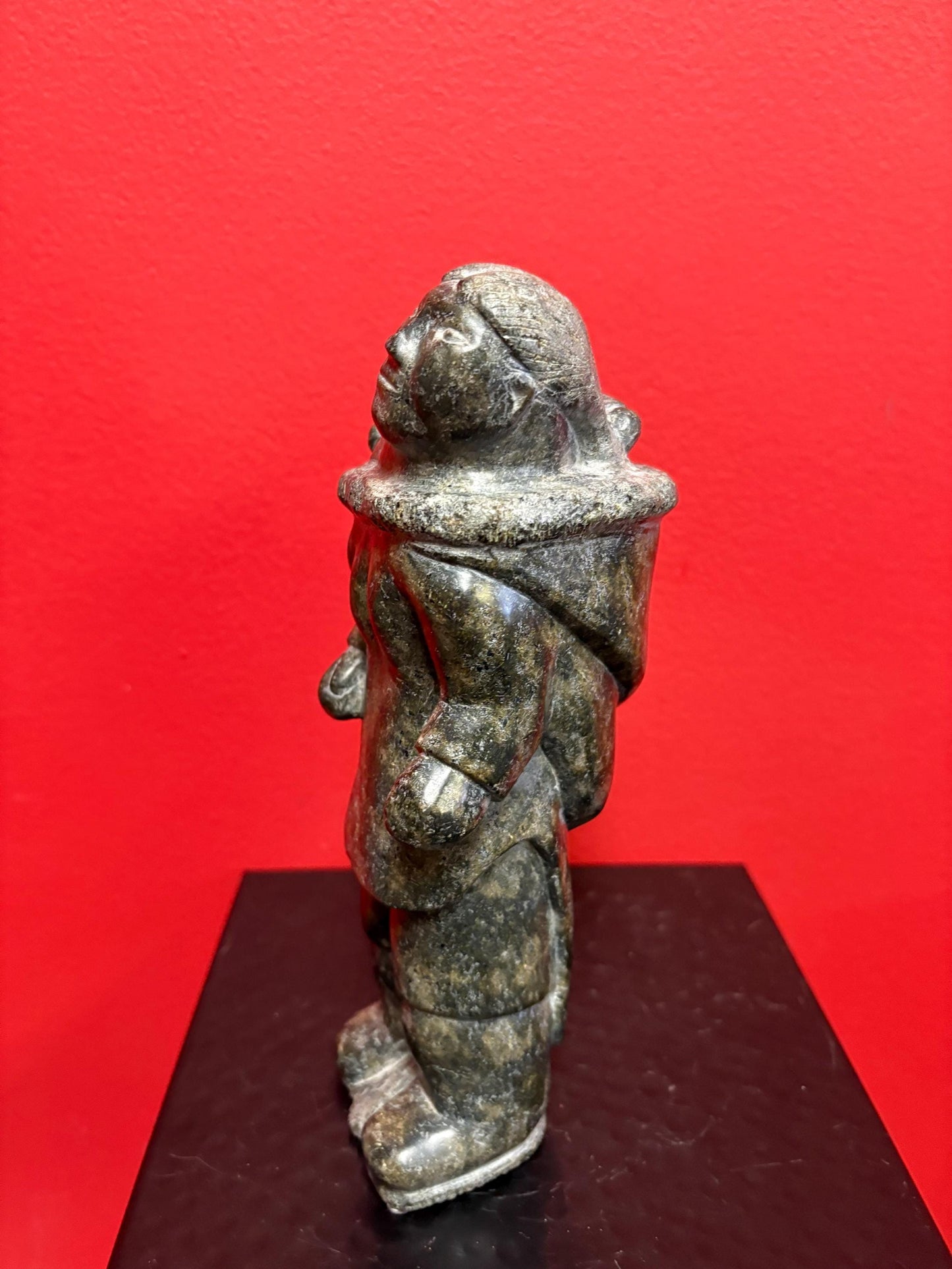 Fabulous signed indigenous Inuit  soapstone statue of a man and child   9 inches tall  great condition and detail  Inuit art