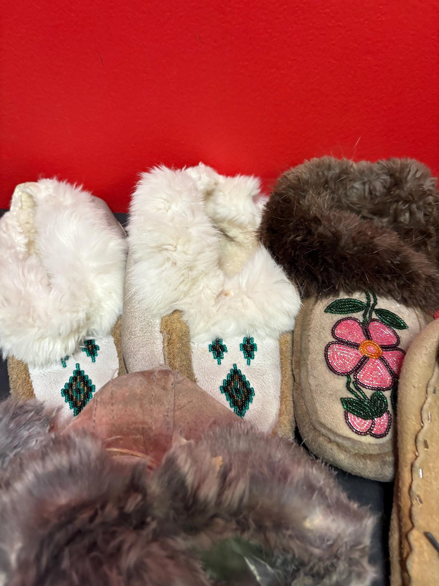 Cool lot of four pairs indigenous first nations leather and beaded moccasin shoes  all in as is condition perfect for decoration or collect