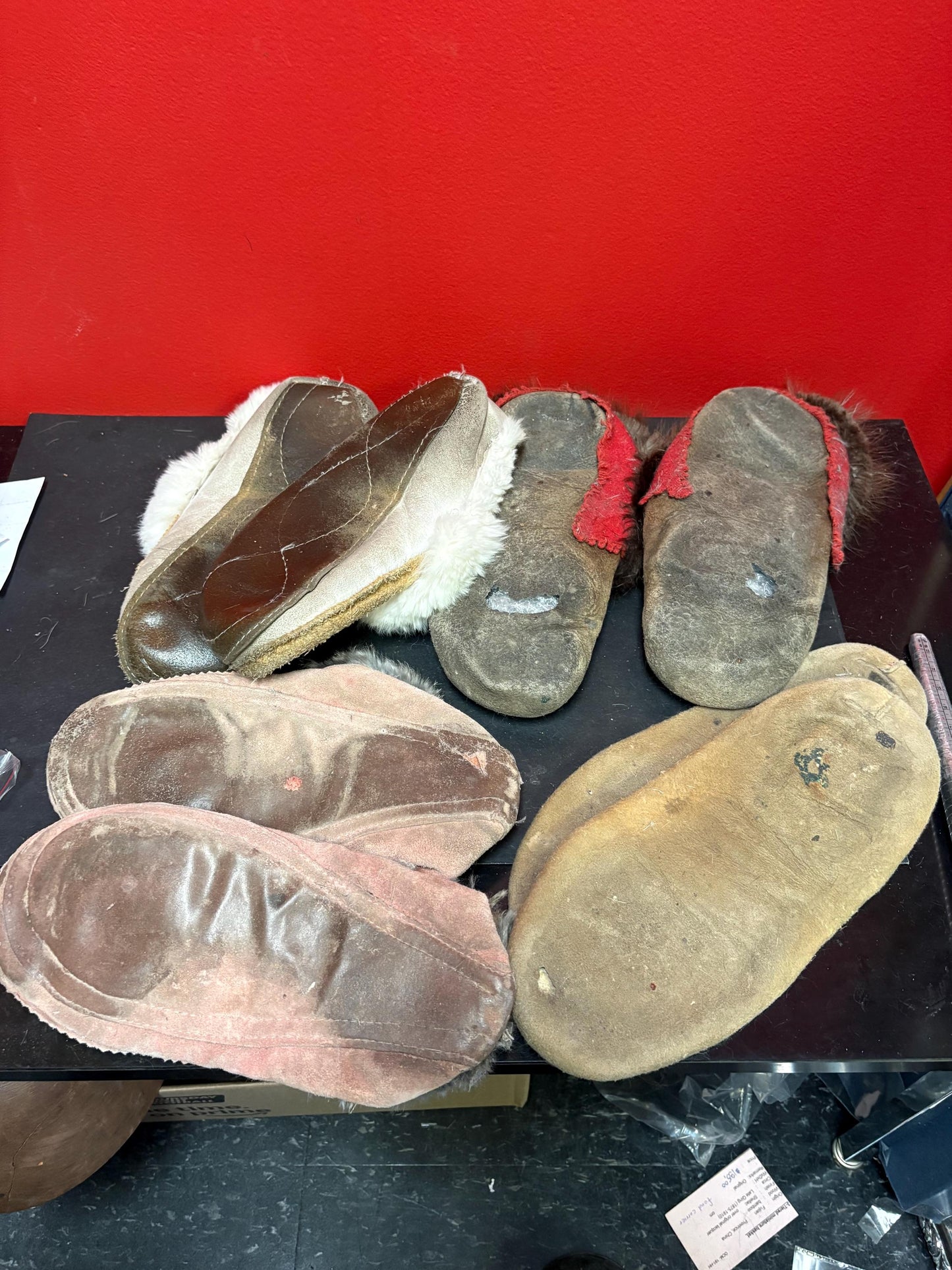 Cool lot of four pairs indigenous first nations leather and beaded moccasin shoes  all in as is condition perfect for decoration or collect
