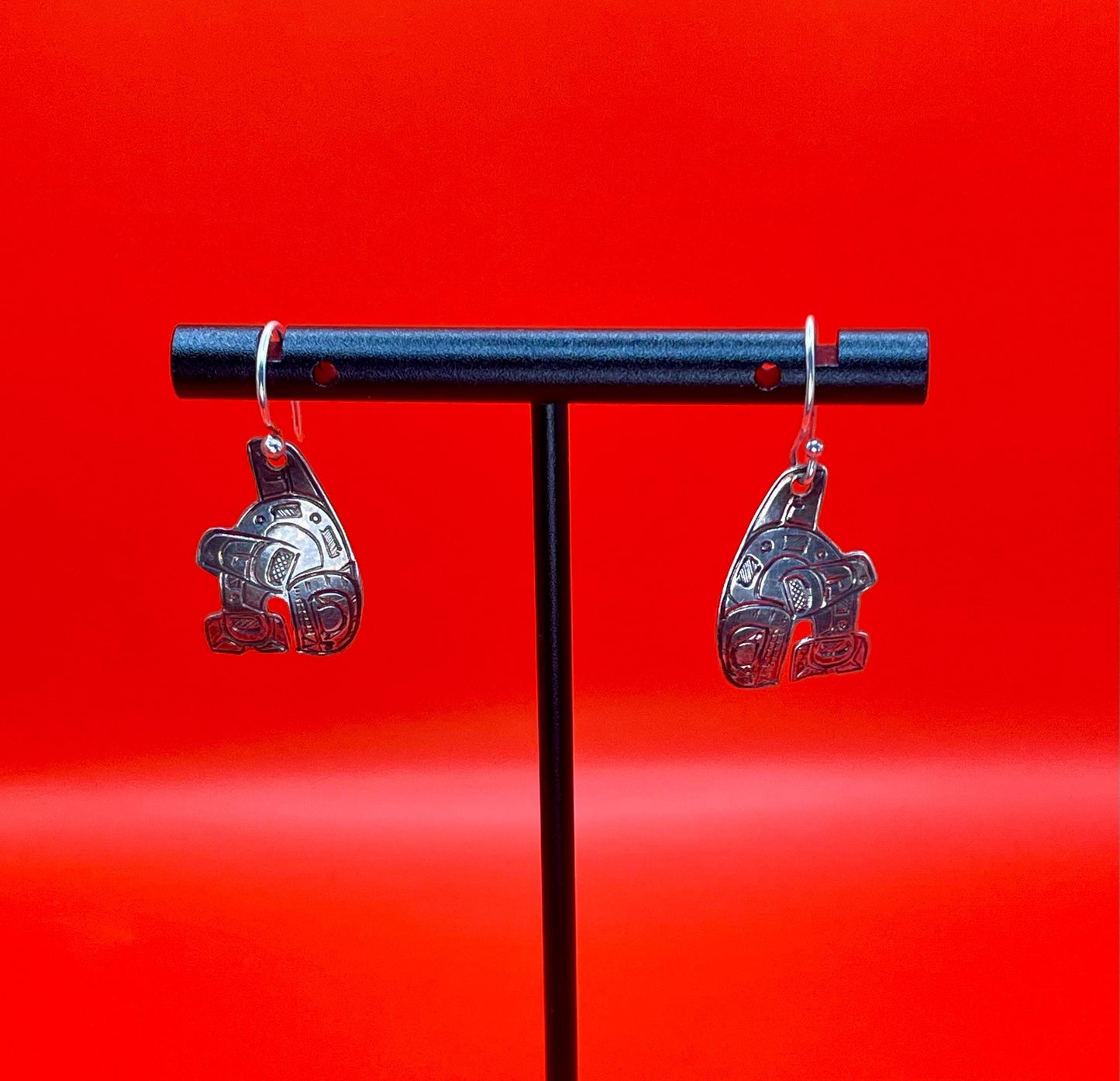 Fabulous indigenous first nations Pacific Northwest coast sterling handmade orca earrings - wow  best gift   1.25 inches long