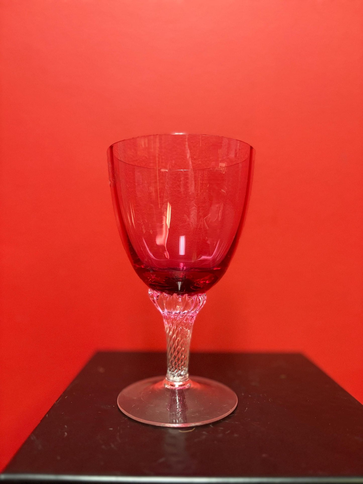 Stunning 7 inch tall antique air twist cranberry glass wine glass goblet in perfect condition - multiple available
