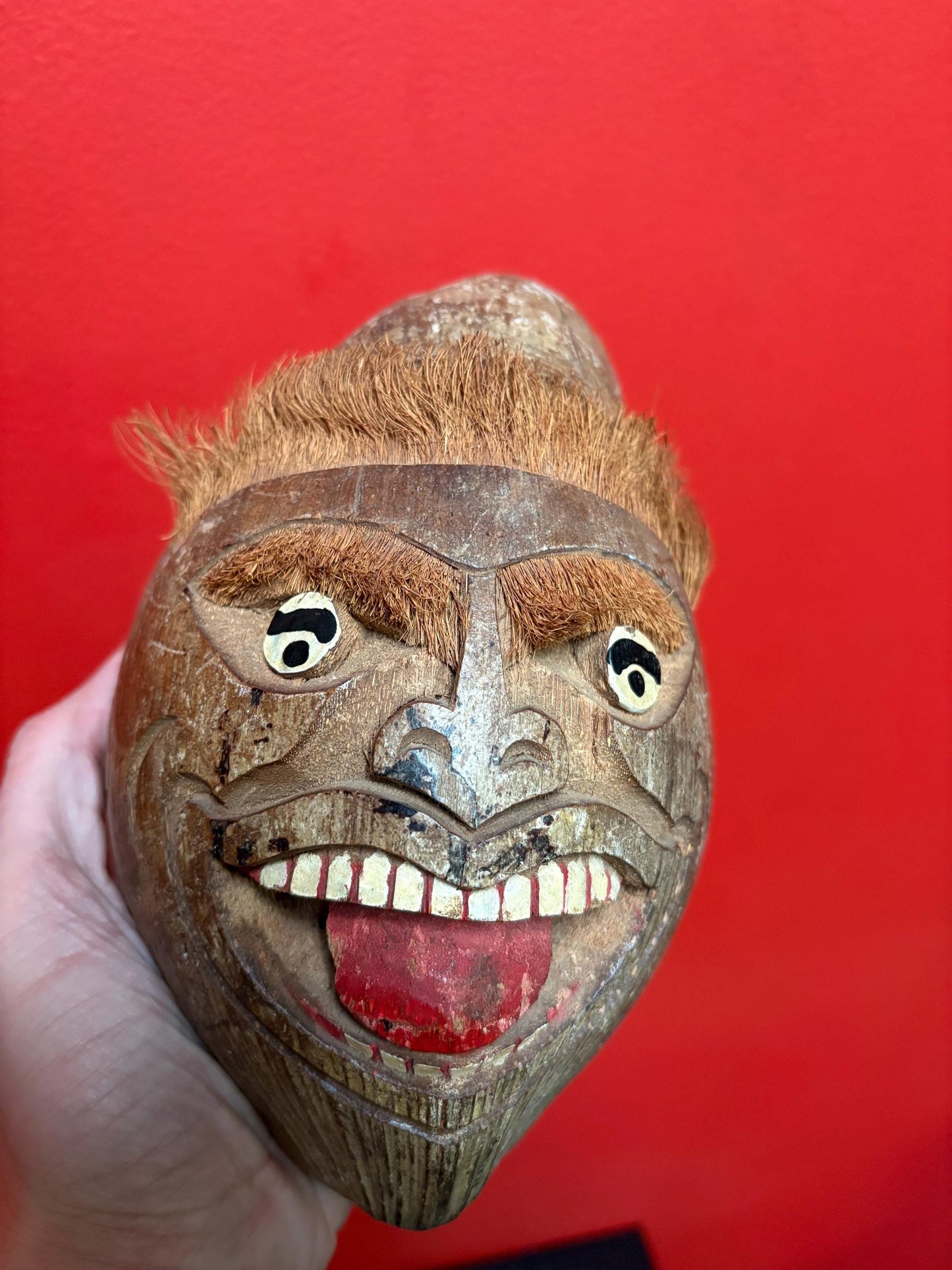 Very cool vintage Cambodian coconut mask  8 x 4.5“  so much character