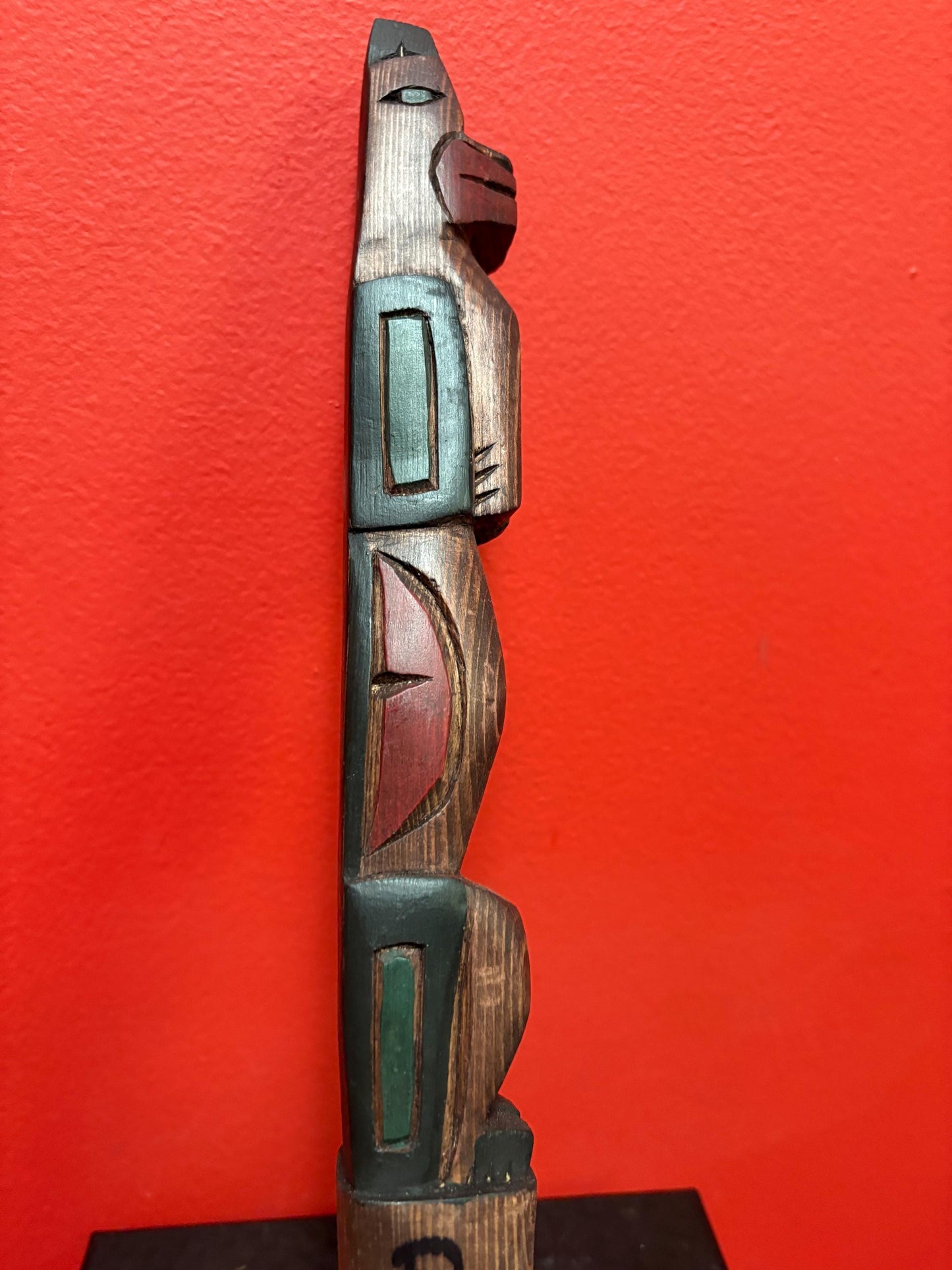 Beautiful indigenous first Pacific Northwest Coast 14 inch talking stick by Frank and Dora Frenchie Vancouver Island bear symbolism