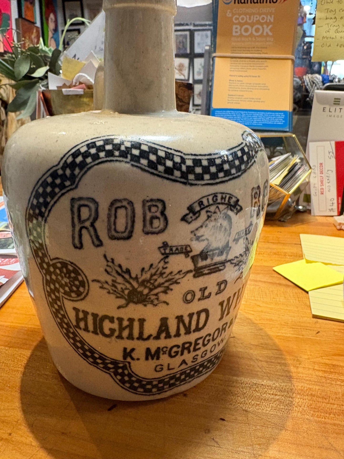 Rare Scottish 8 inch tall, Rob Roy Highland whiskey stoneware jug  - Perfect condition  great graphics  wow