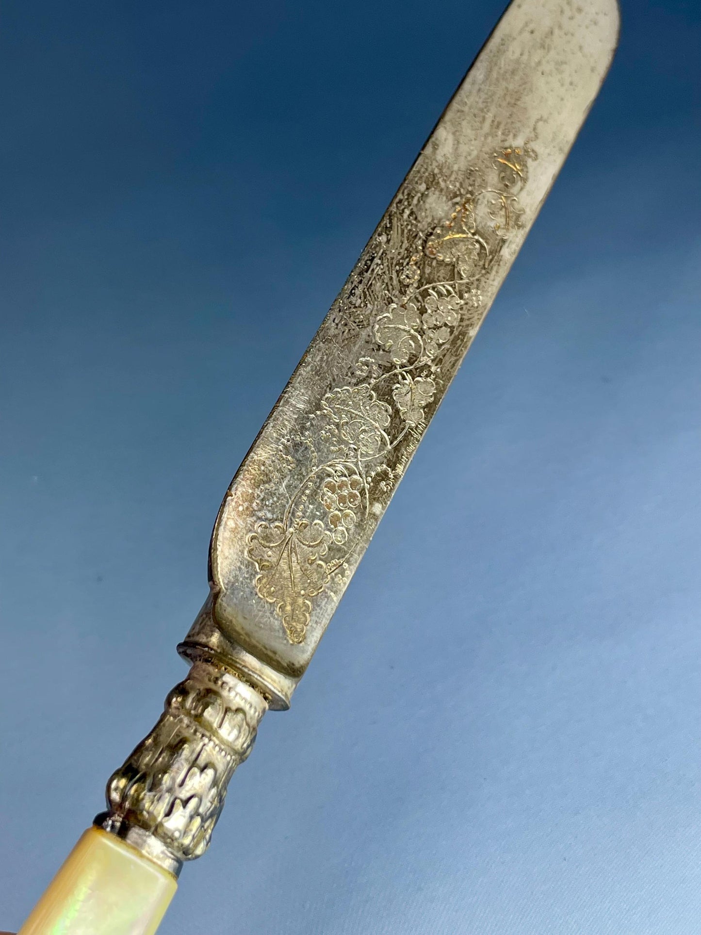 Silver-Plated Butter Knife with Etched Blade & Mother-of-Pearl Handle