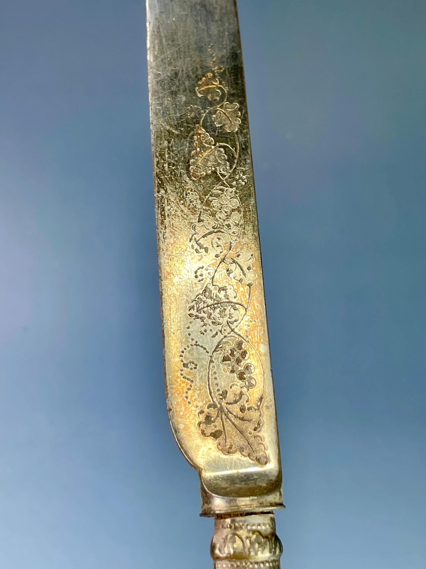 Silver-Plated Butter Knife with Etched Blade & Mother-of-Pearl Handle