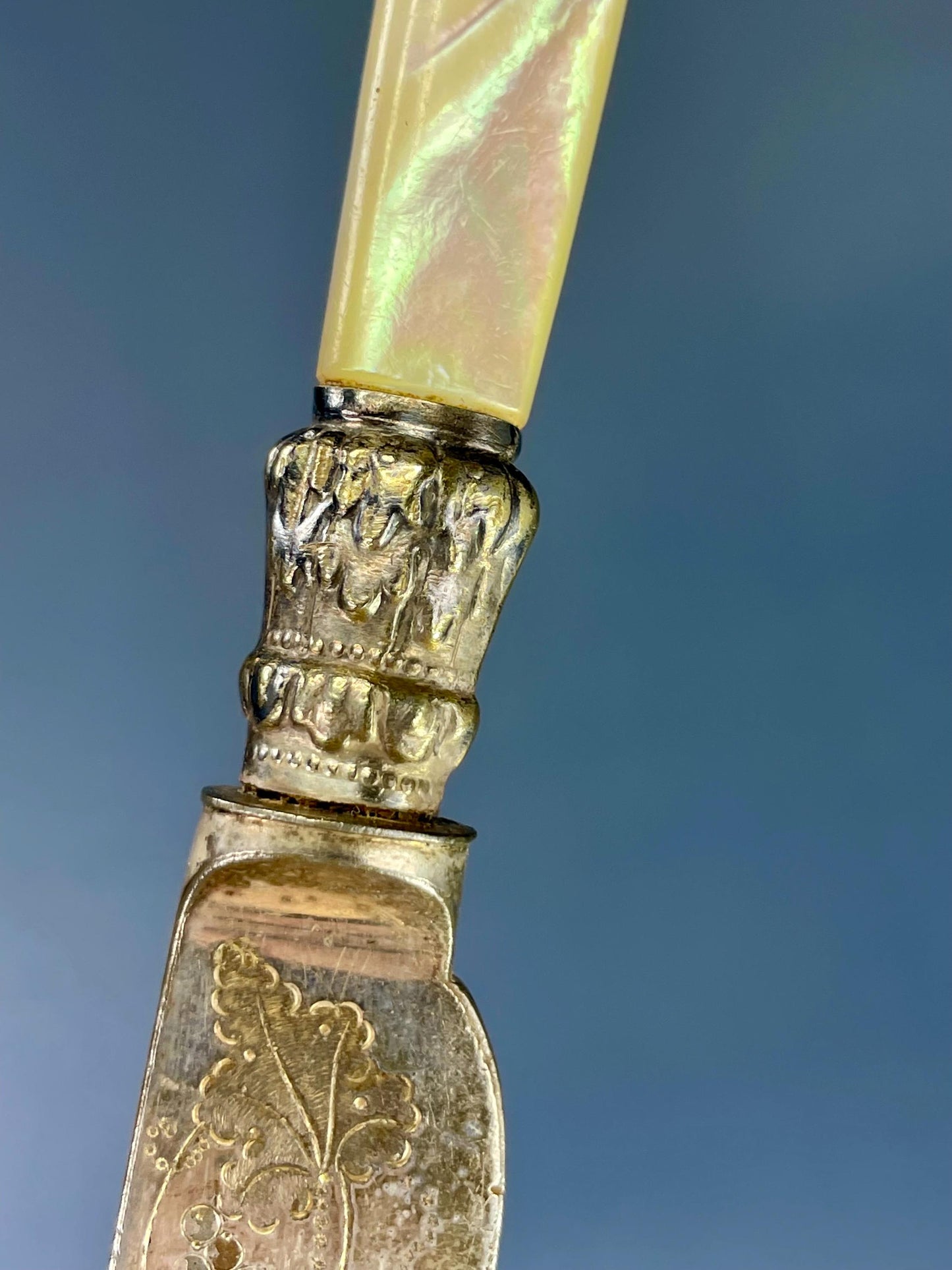 Silver-Plated Butter Knife with Etched Blade & Mother-of-Pearl Handle
