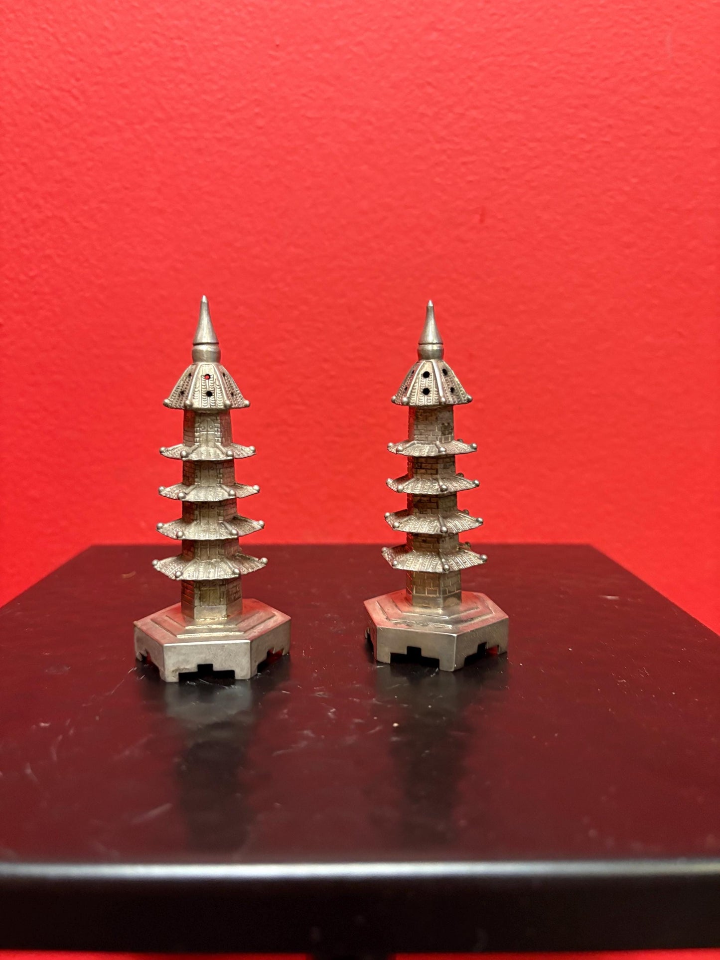 Beautiful Asian Sterling pagoda Salt-N-Pepper  3.25 inch high  stamped  great gift- lovely detail