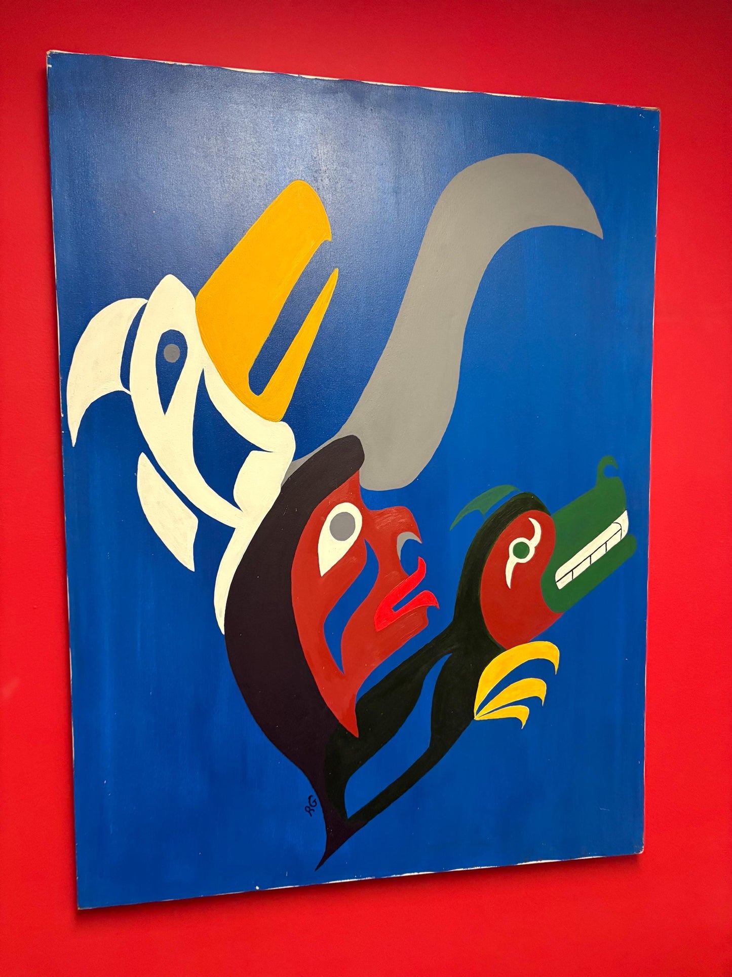Stunning indigenous first nations Pacific Northwest Coast 40 x 30 acrylic painting on canvas Signed RG  wonderful imagery