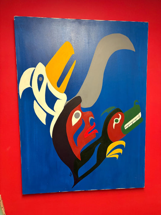 Stunning indigenous first nations Pacific Northwest Coast 40 x 30 acrylic painting on canvas Signed RG  wonderful imagery