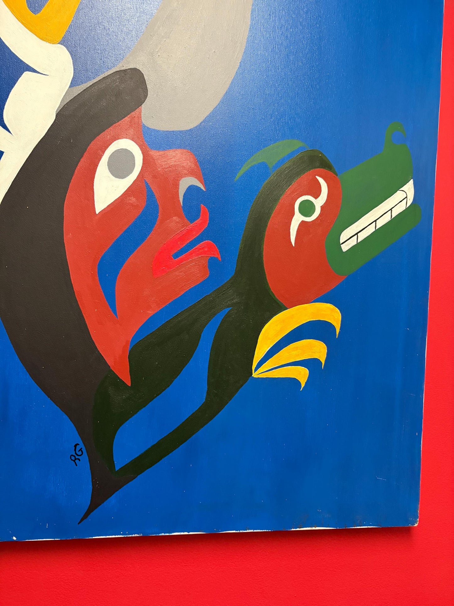 Stunning indigenous first nations Pacific Northwest Coast 40 x 30 acrylic painting on canvas Signed RG  wonderful imagery