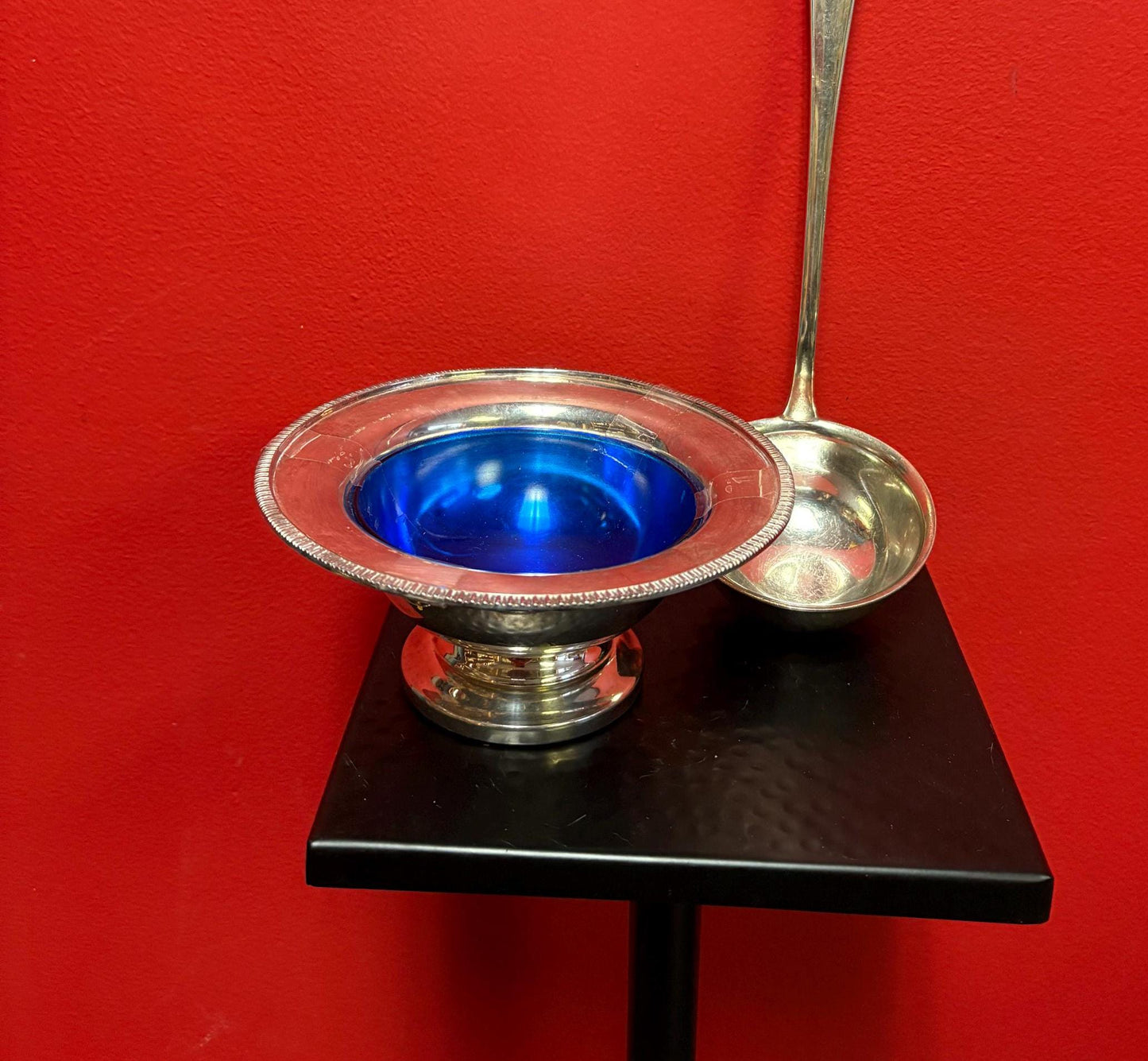 Antique silver plated ladle and bowl with cobalt blue liner  ladle 12 inches long and bowl 6 inches across great deal for both