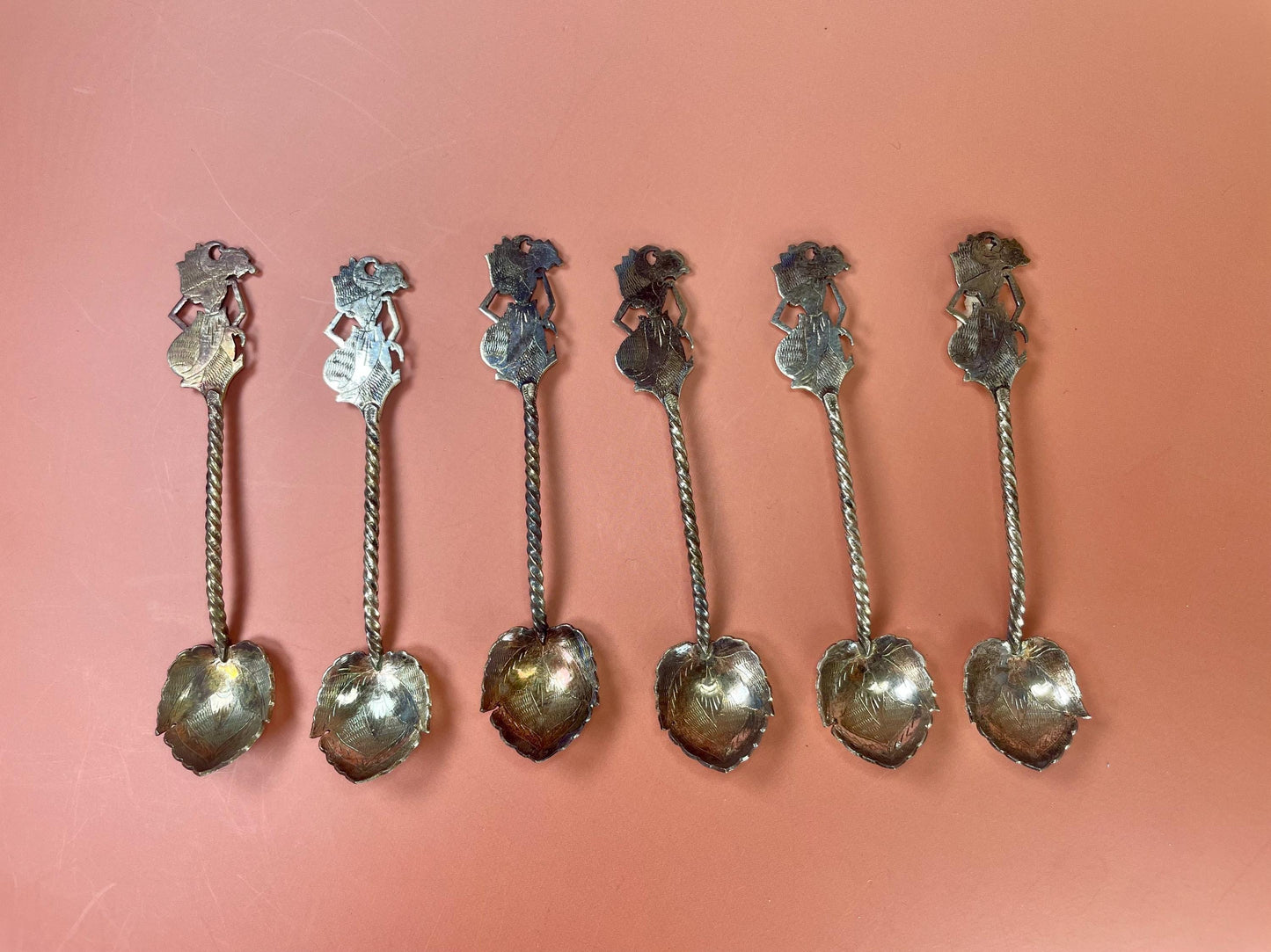 A  Beautiful set of six Asian silver spoons  great value and need polish- perfect gift - tea time