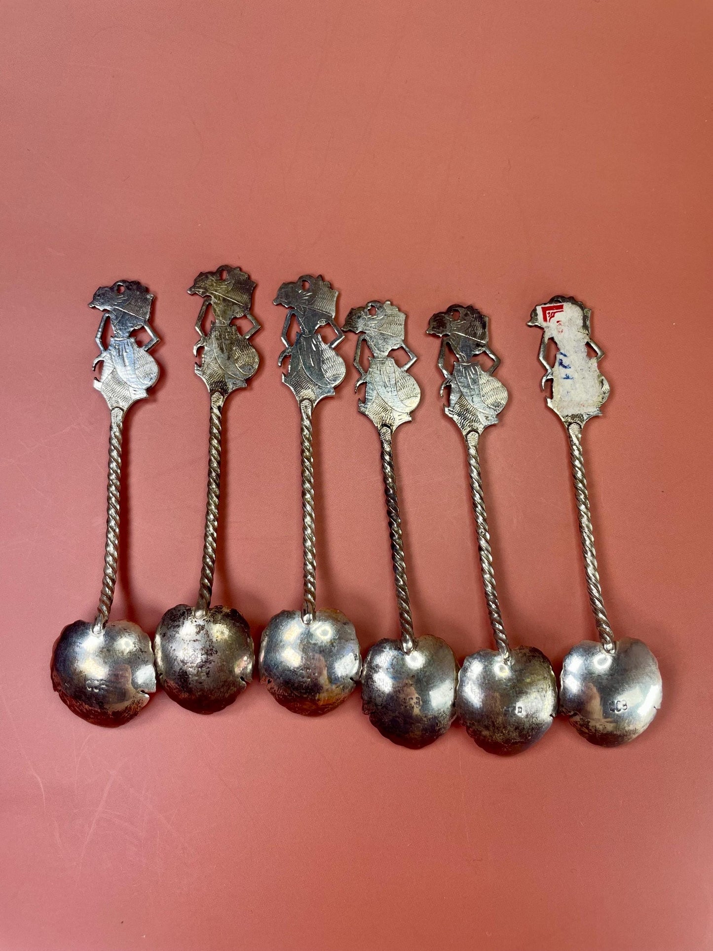 A  Beautiful set of six Asian silver spoons  great value and need polish- perfect gift - tea time