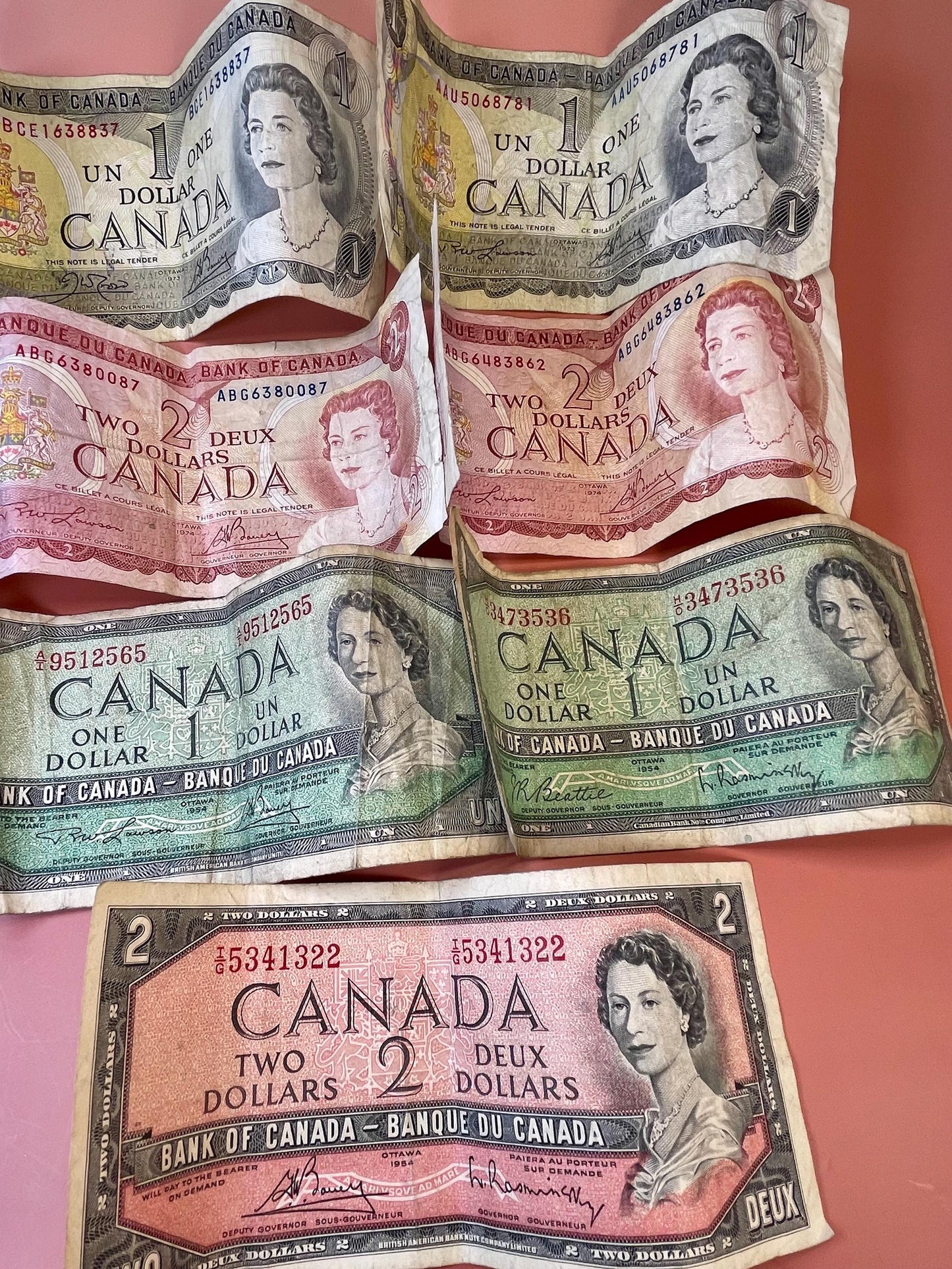 Old Canadian currency One and Two Dollar Bills
